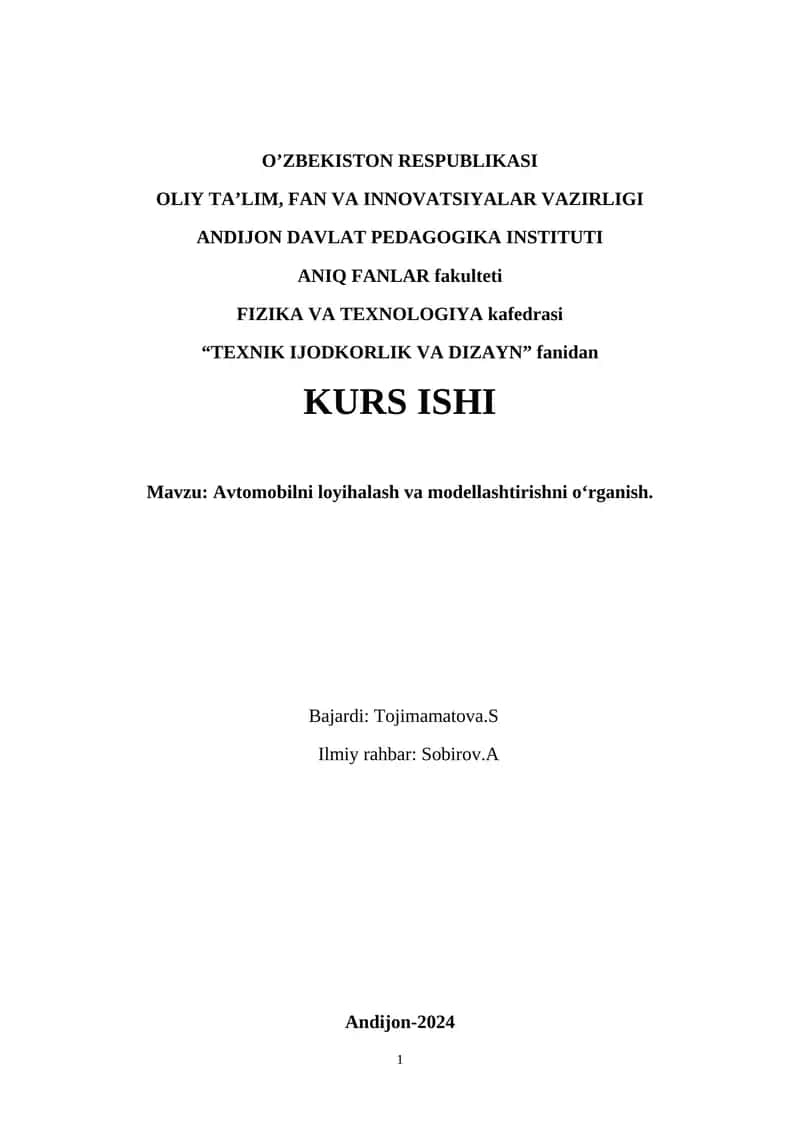 Avtomobilni loyihalash va modellashtirishni oʻrganish 1