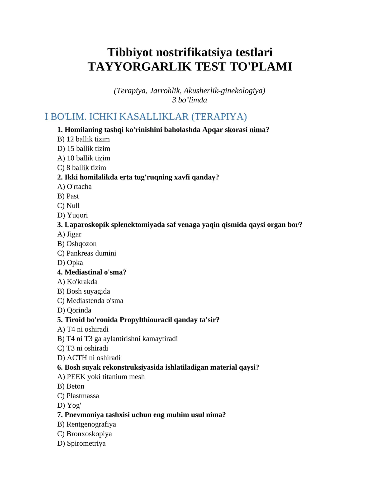 Tibbiyot nostrifikatsiya testlari 1