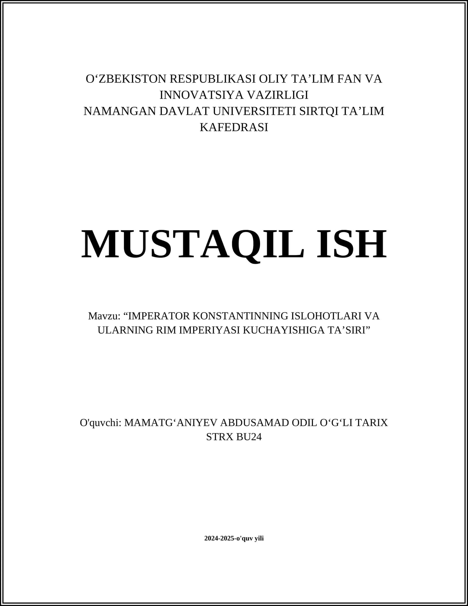“IMPERATOR KONSTANTINNING ISLOHOTLARI VA ULARNING RIM IMPERIYASI KUCHAYISHIGA TA’SIRI” 1