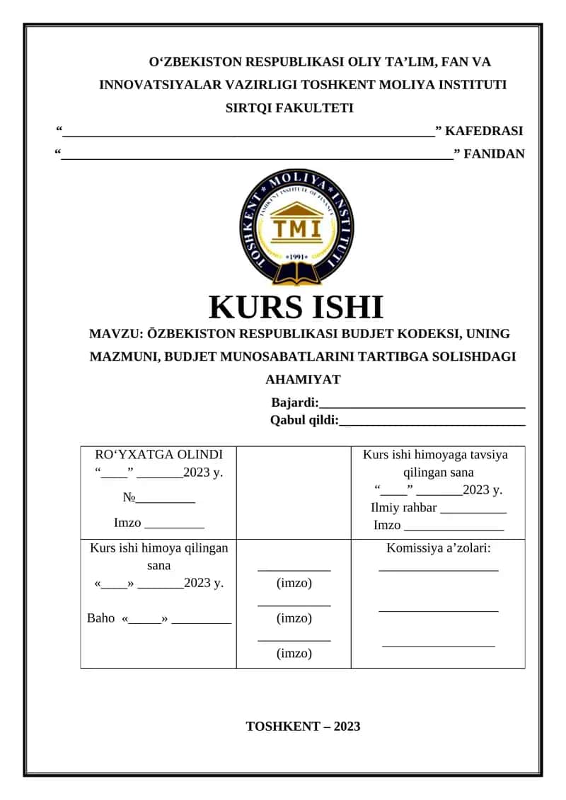 ŌZBEKISTON RESPUBLIKASI BUDJET KODEKSI KURS ISHI 1