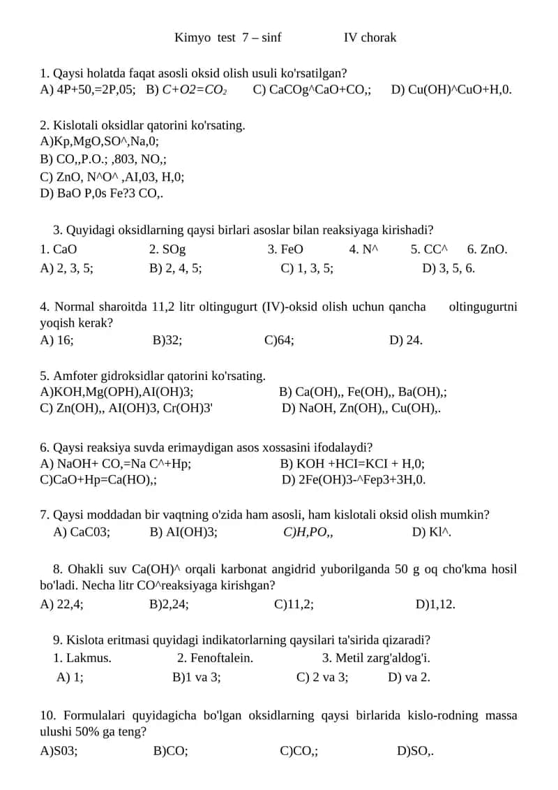 Kimyo test 7 – sinf IV chorak 1