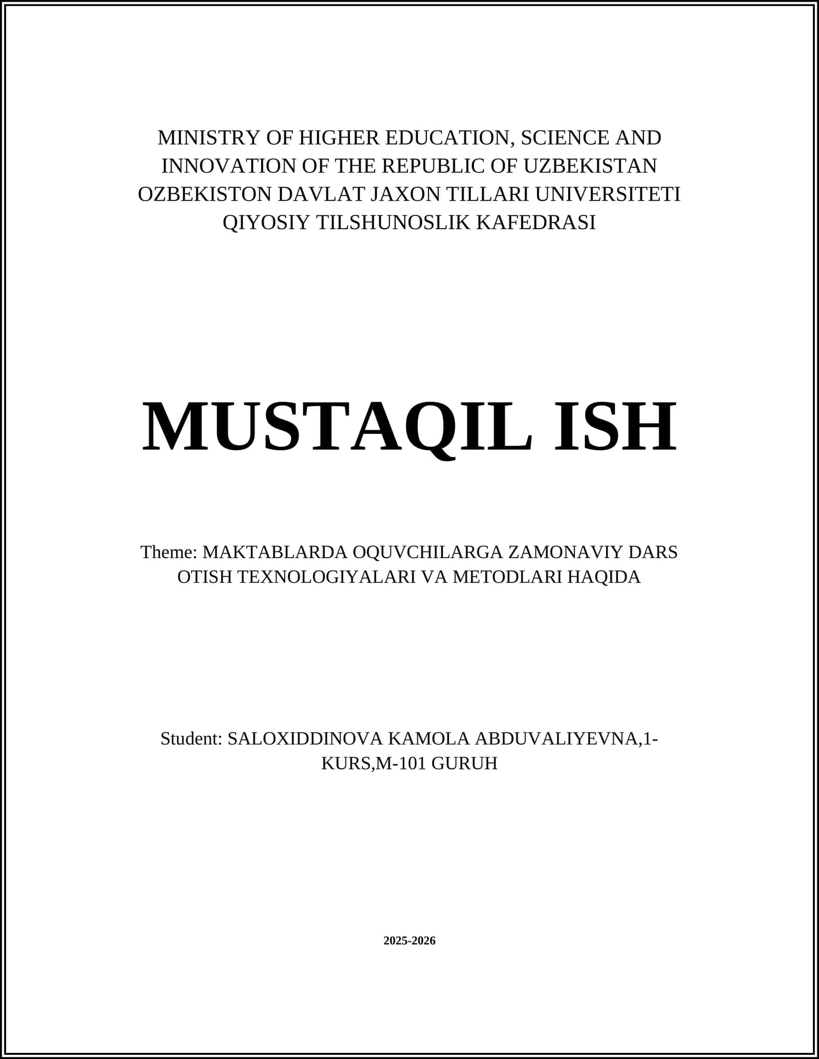 MAKTABLARDA OQUVCHILARGA ZAMONAVIY DARS OTISH TEXNOLOGIYALARI VA METODLARI 1