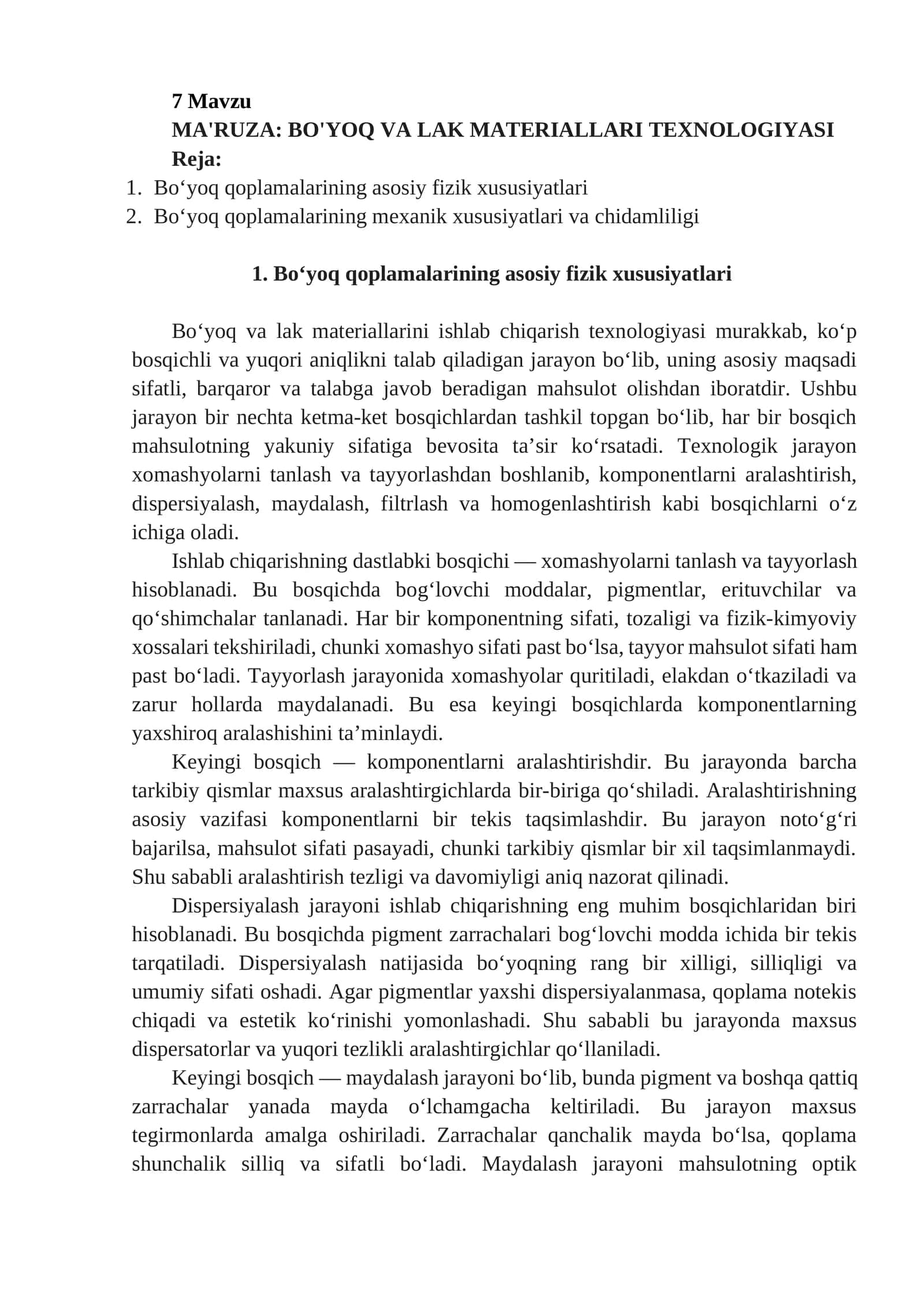 MA'RUZA: BO'YOQ VA LAK MATERIALLARI TEXNOLOGIYASI 1