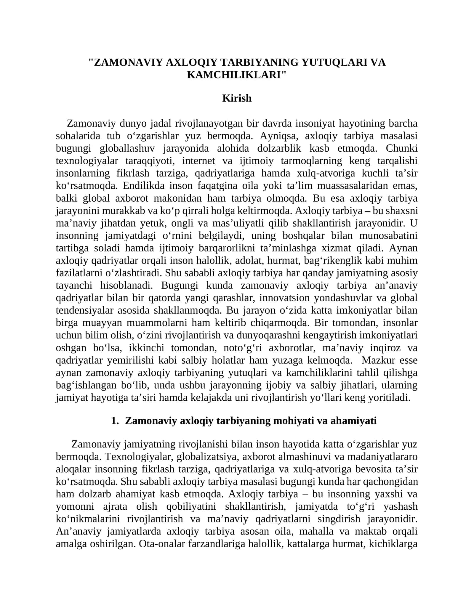 ZAMONAVIY AXLOQIY TARBIYANING YUTUQLARI VA KAMCHILIKLARI 1
