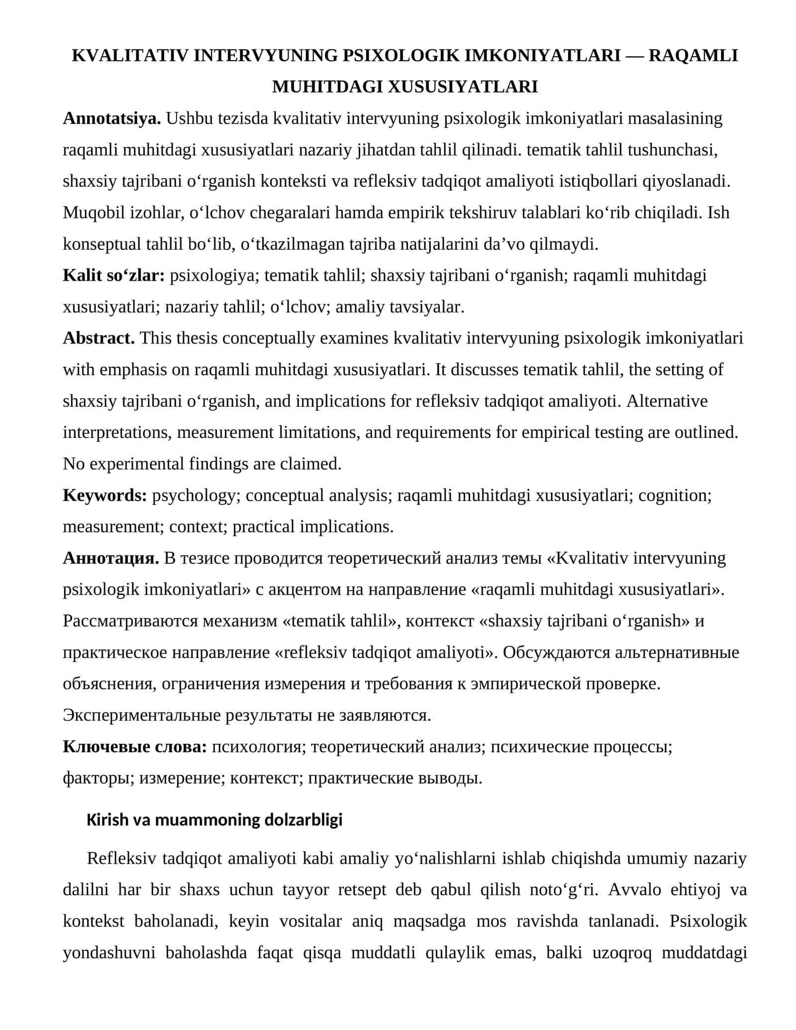 KVALITATIV INTERVYUNING PSIXOLOGIK IMKONIYATLARI — RAQAMLI MUHITDAGI XUSUSIYATLARI 1