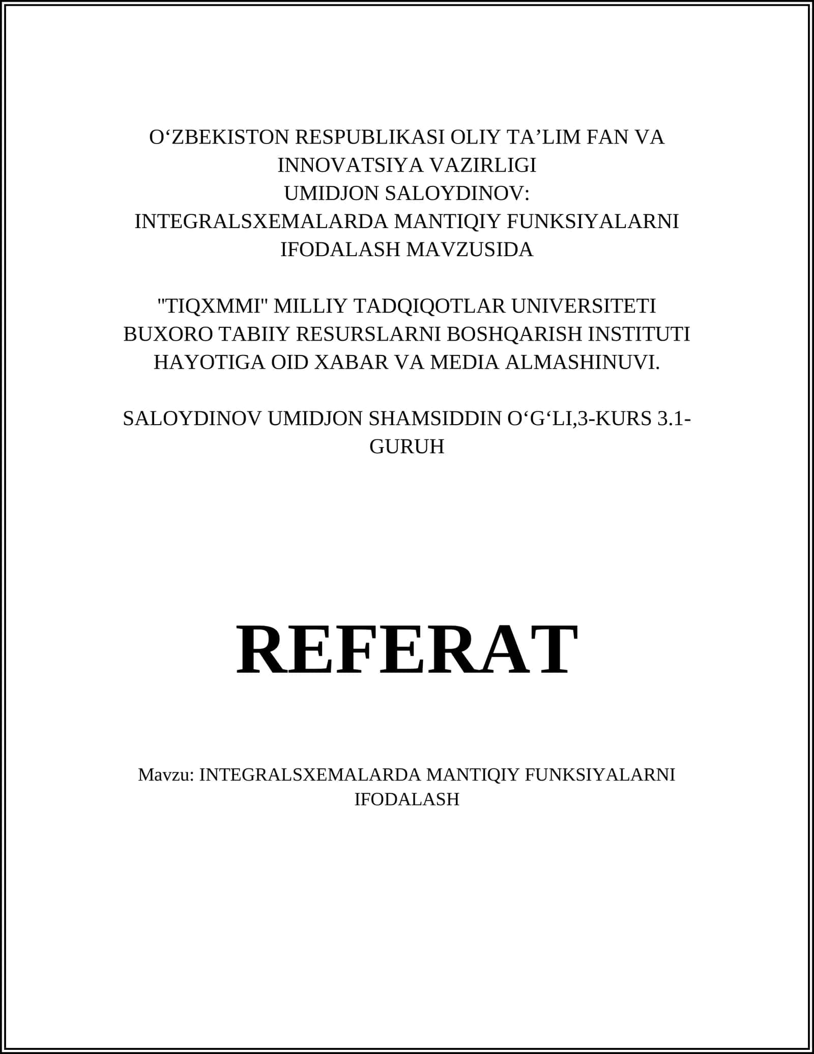 INTEGRALSXEMALARDA MANTIQIY FUNKSIYALARNI IFODALASH 1
