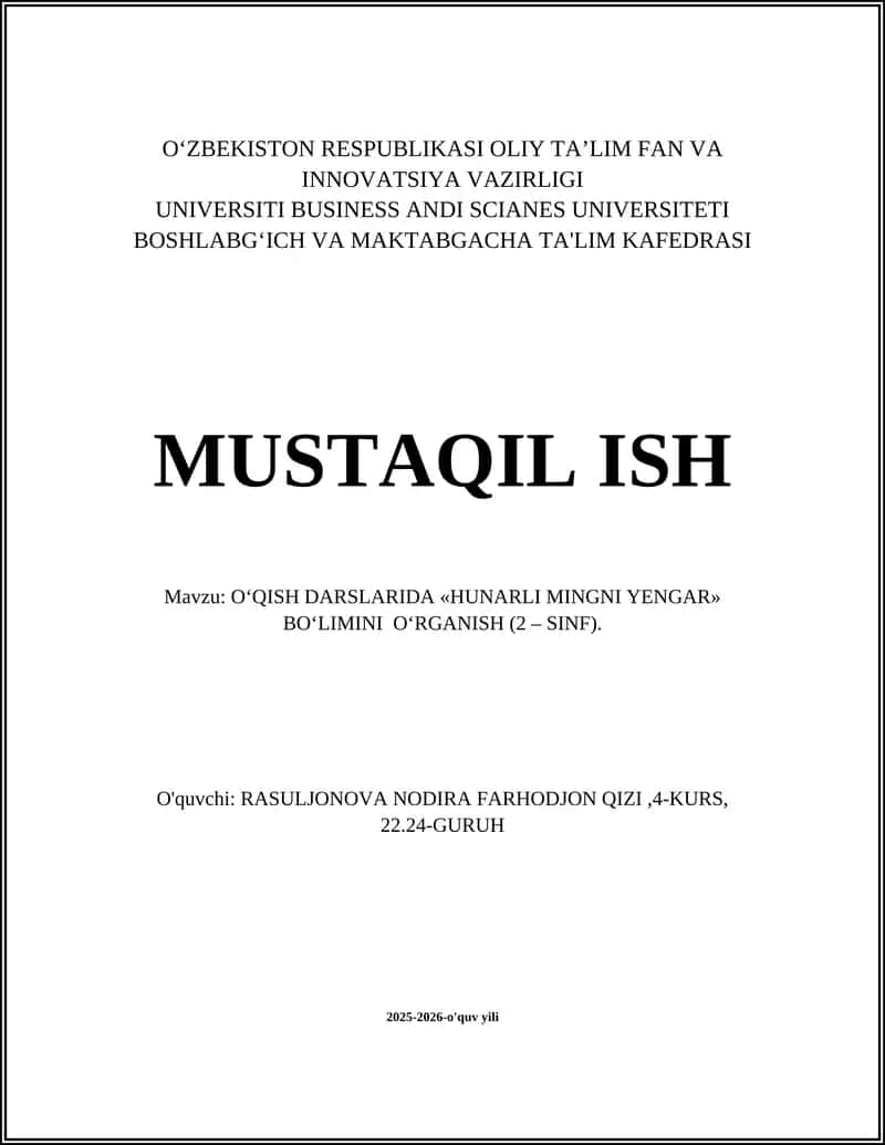 O‘QISH DARSLARIDA «HUNARLI MINGNI YENGAR» BO‘LIMINI O‘RGANISH (2 – SINF) 1