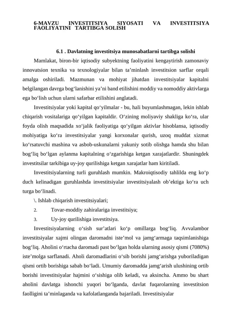 Investitsiya Siyosati va Investitsiya Faoliyatini Tartibga Solish 1