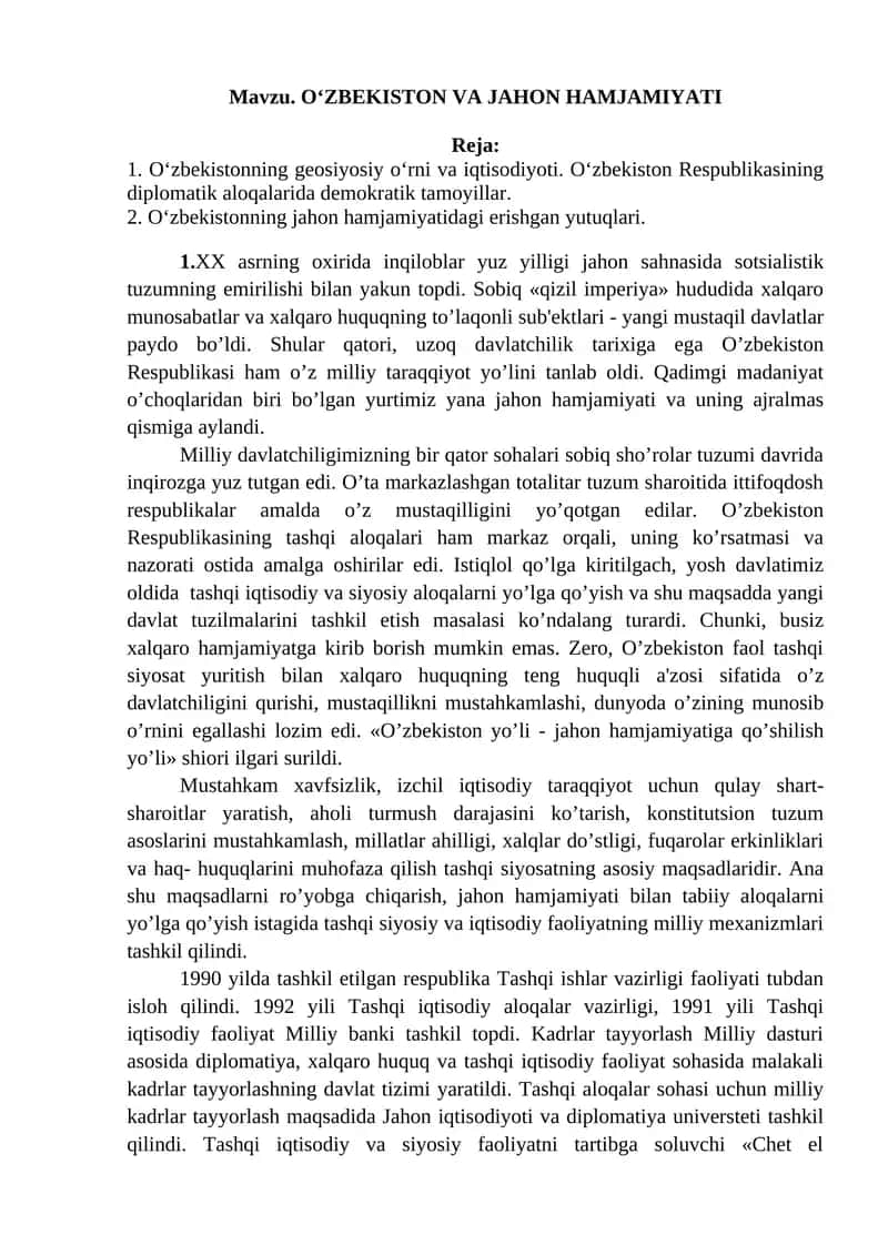 O‘ZBEKISTON VA JAHON HAMJAMIYATI 1