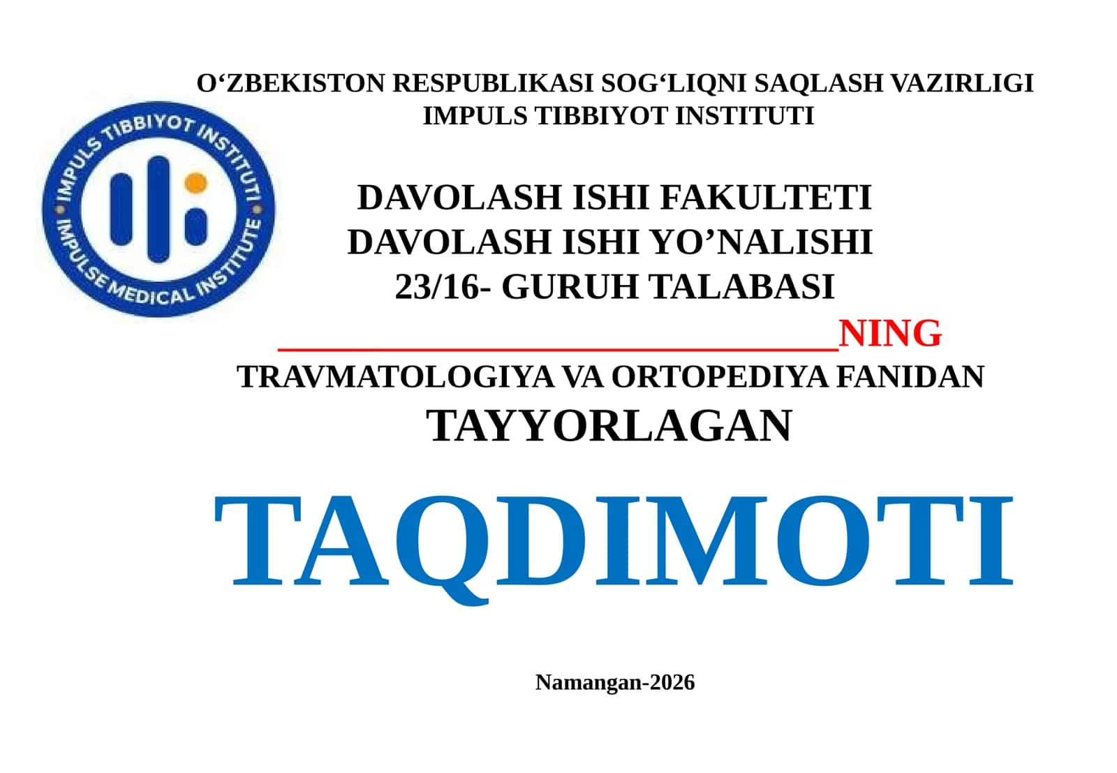 Tayanch harakat aparatining jarohatlanishi va kasallarni tekshirishlarni oʻziga xosligi suyak va bogʻimlarni jarohatlarni diagnostikasi. Sinish va chiqishlarni tasnifi 1