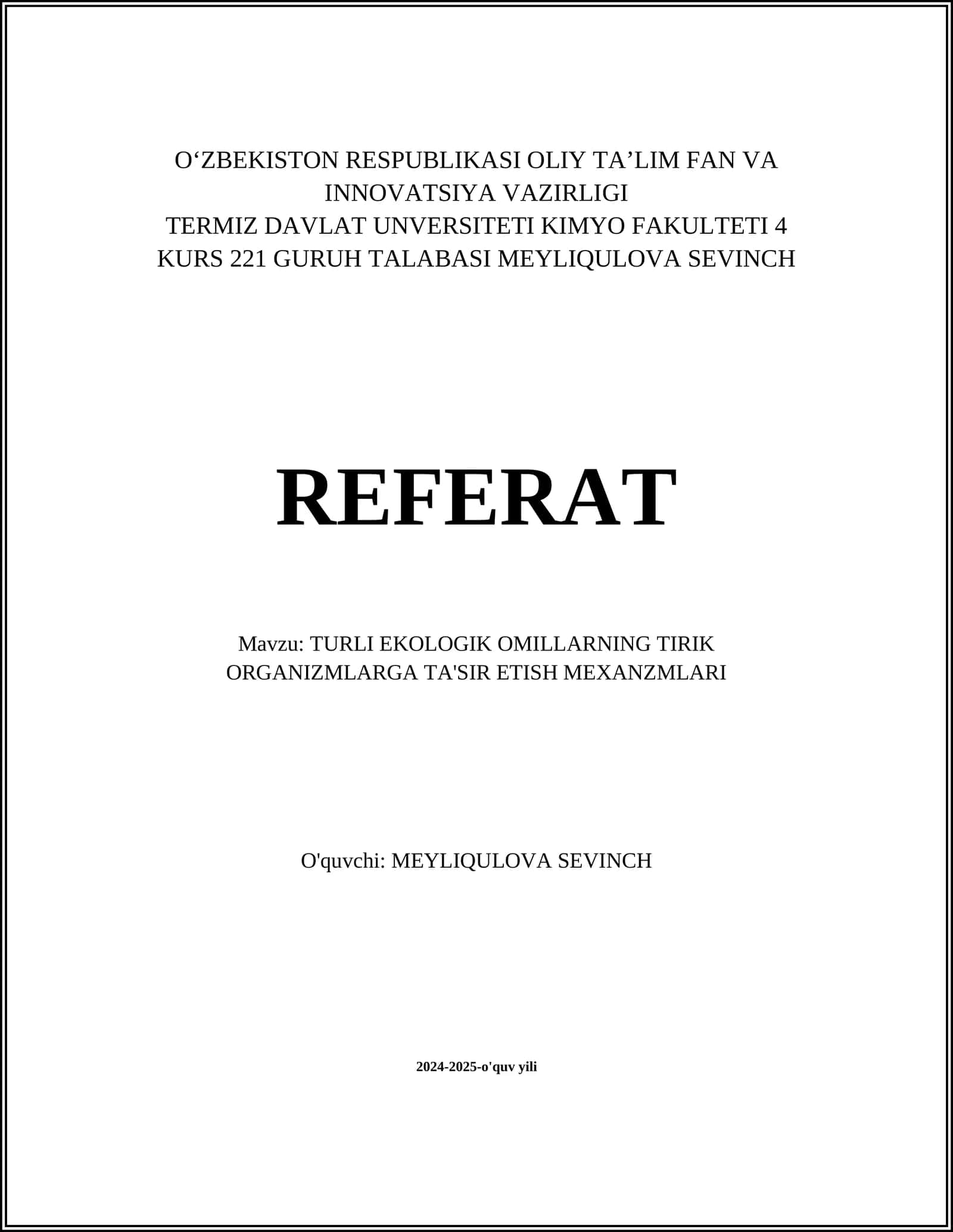 TURLI EKOLOGIK OMILLARNING TIRIK ORGANIZMLARGA TA'SIR ETISH MEXANZMLARI 1