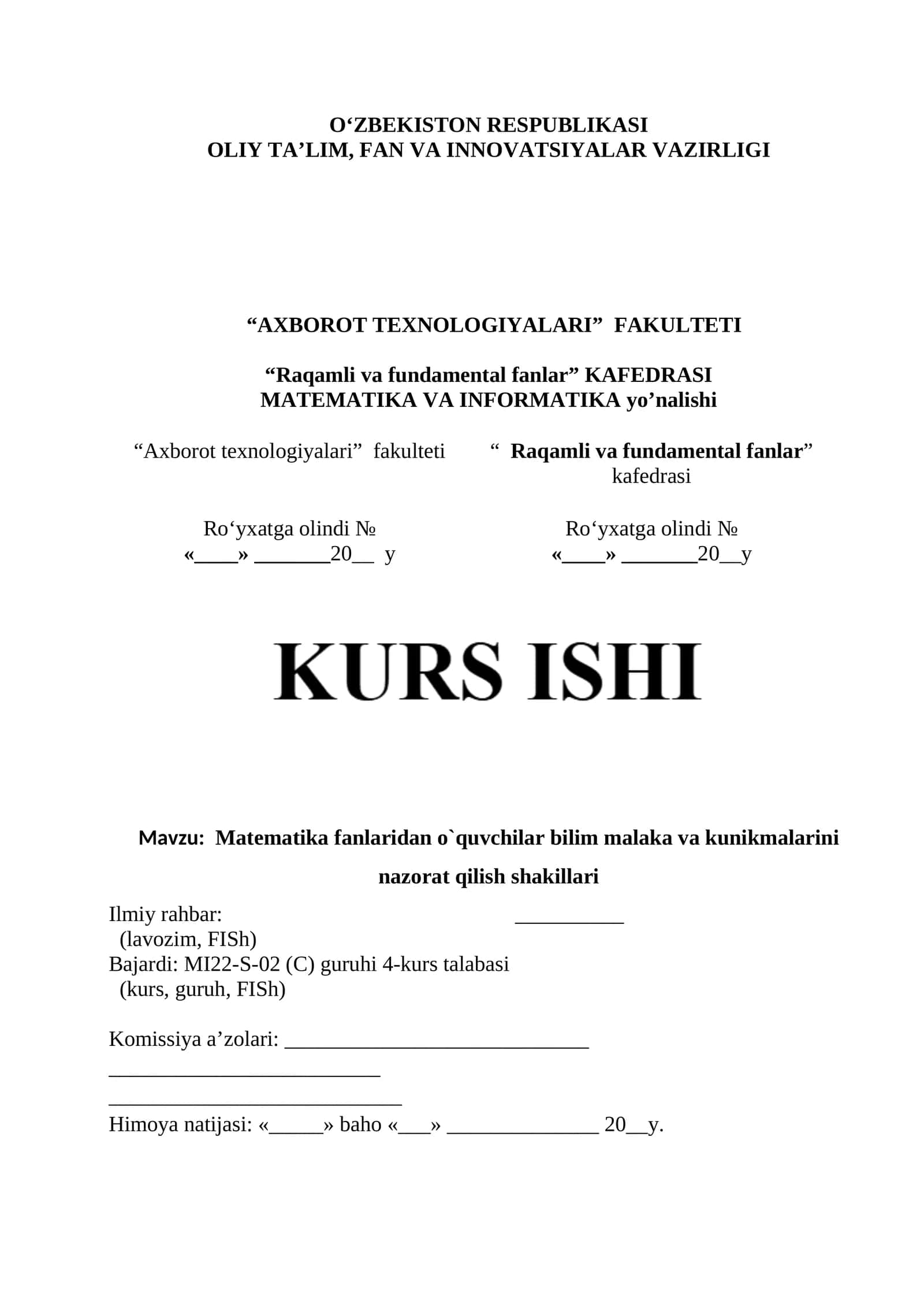 Matematika fanlaridan o`quvchilar bilim malaka va kunikmalarini nazorat qilish shakillari 1