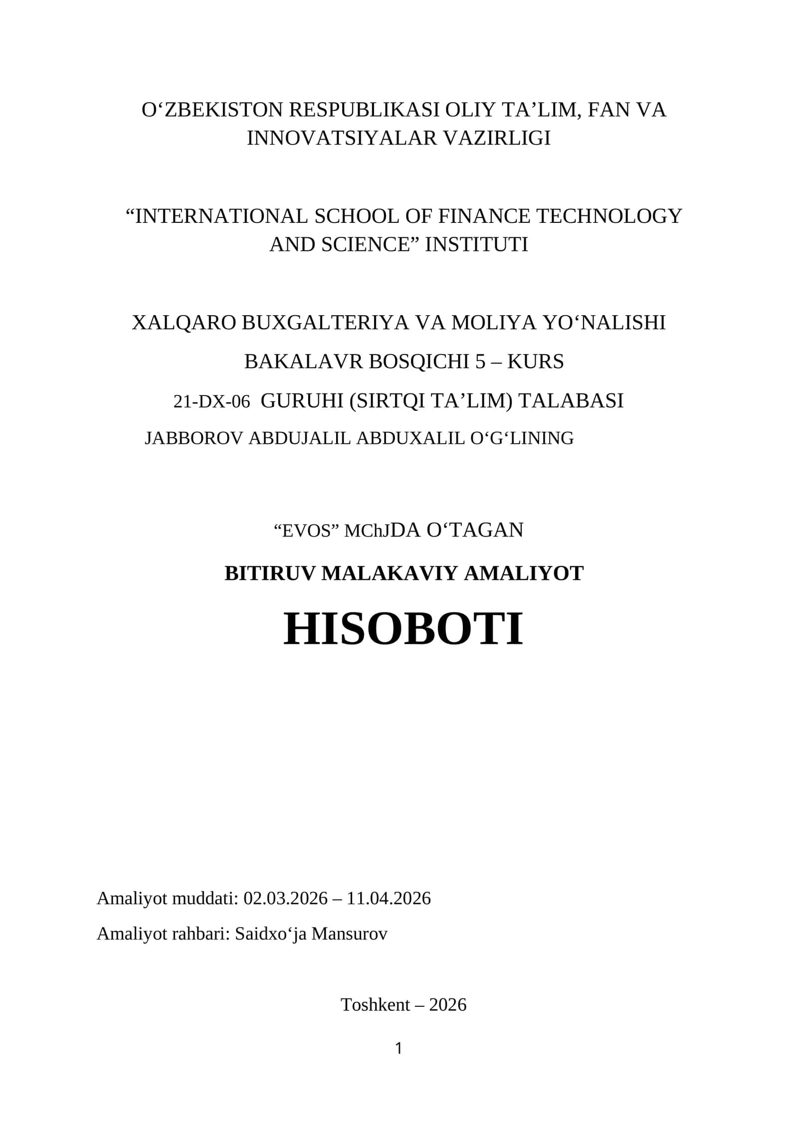 EVOS. BUXGALTERIYA BOLIMIDA. Bitiruv Malakaviy Amaliyot Hisoboti 1
