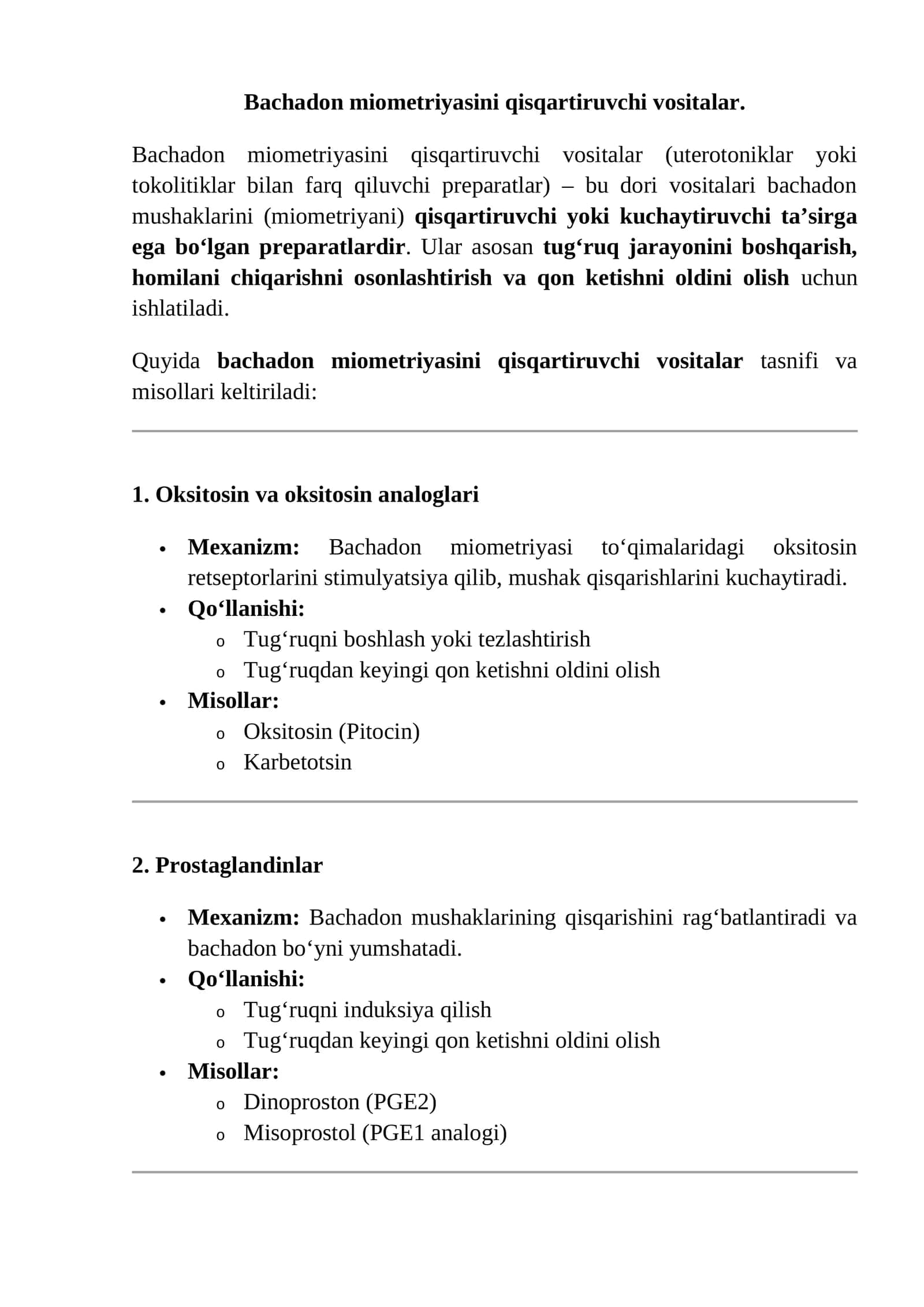 Bachadon miometriyasini qisqartiruvchi vositalar 1