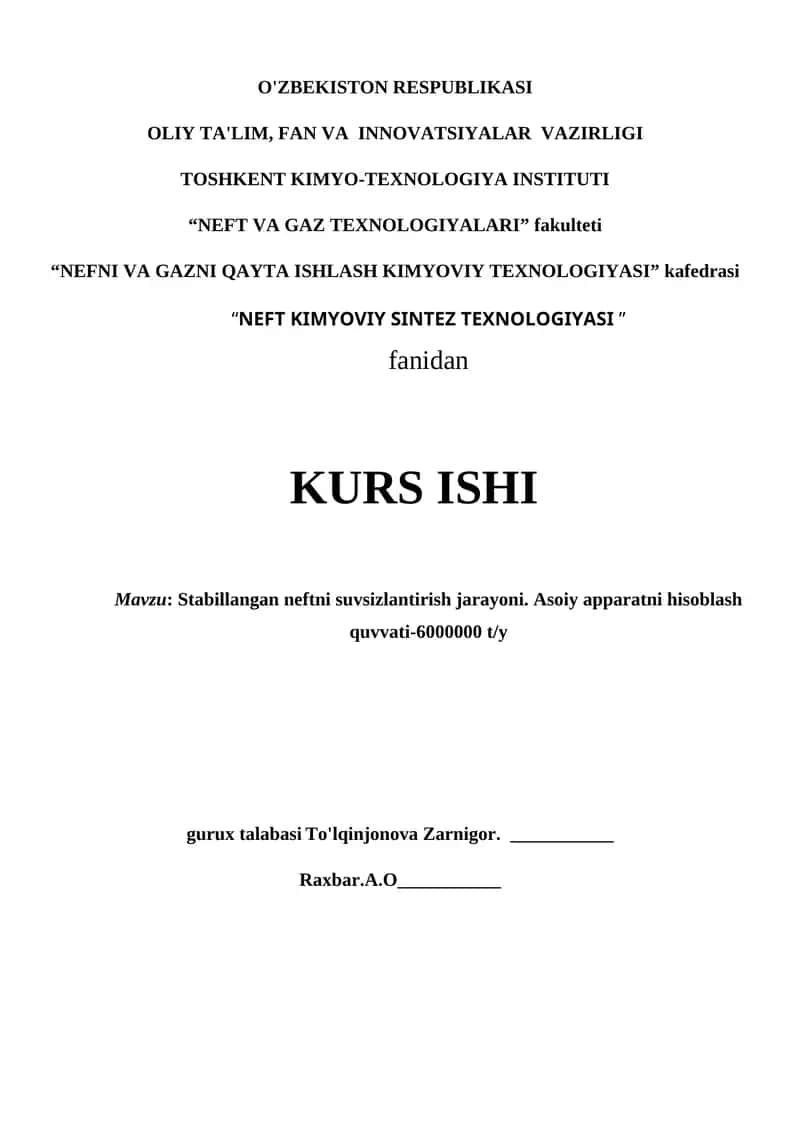 Stabillangan neftni suvsizlantirish jarayoni 1