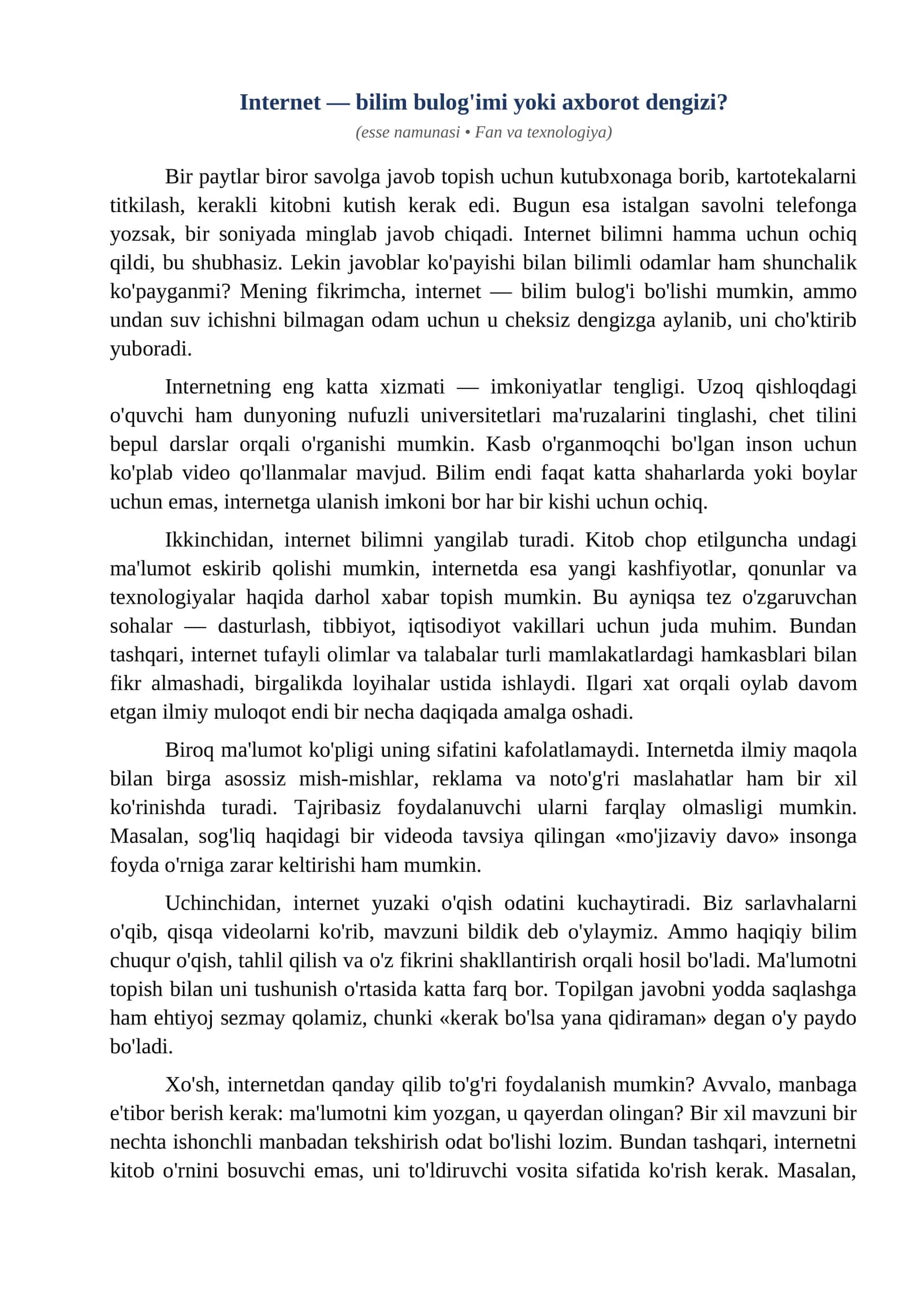 Esse Internet bilim bulogimi yoki axborot dengizi 1