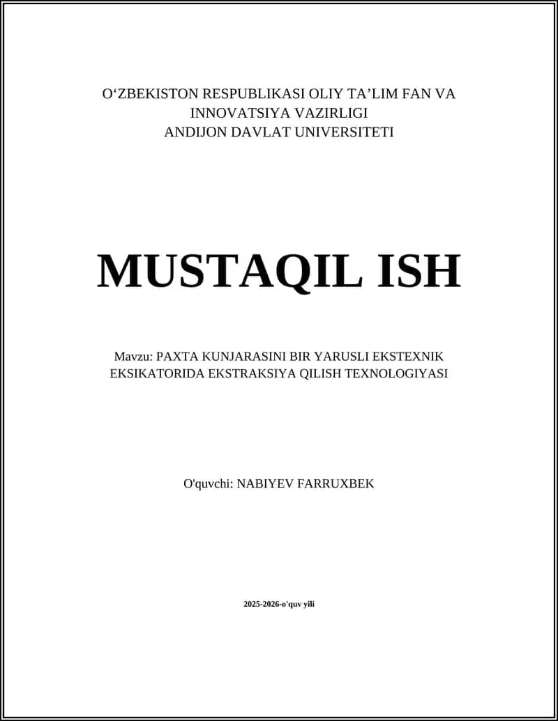 PAXTA KUNJARASINI BIR YARUSLI EKSTEXNIK EKSIKATORIDA EKSTRAKSIYA QILISH TEXNOLOGIYASI 1