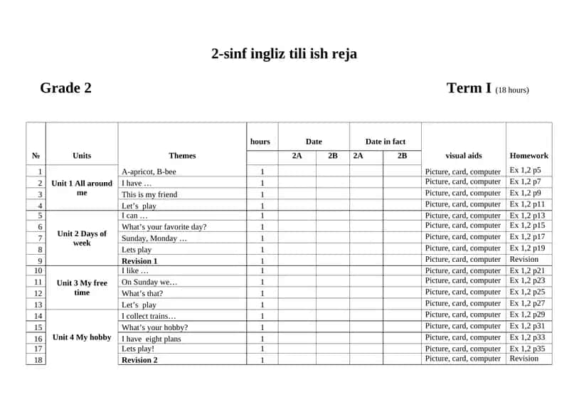 2-sinf ingliz tili ish reja 1