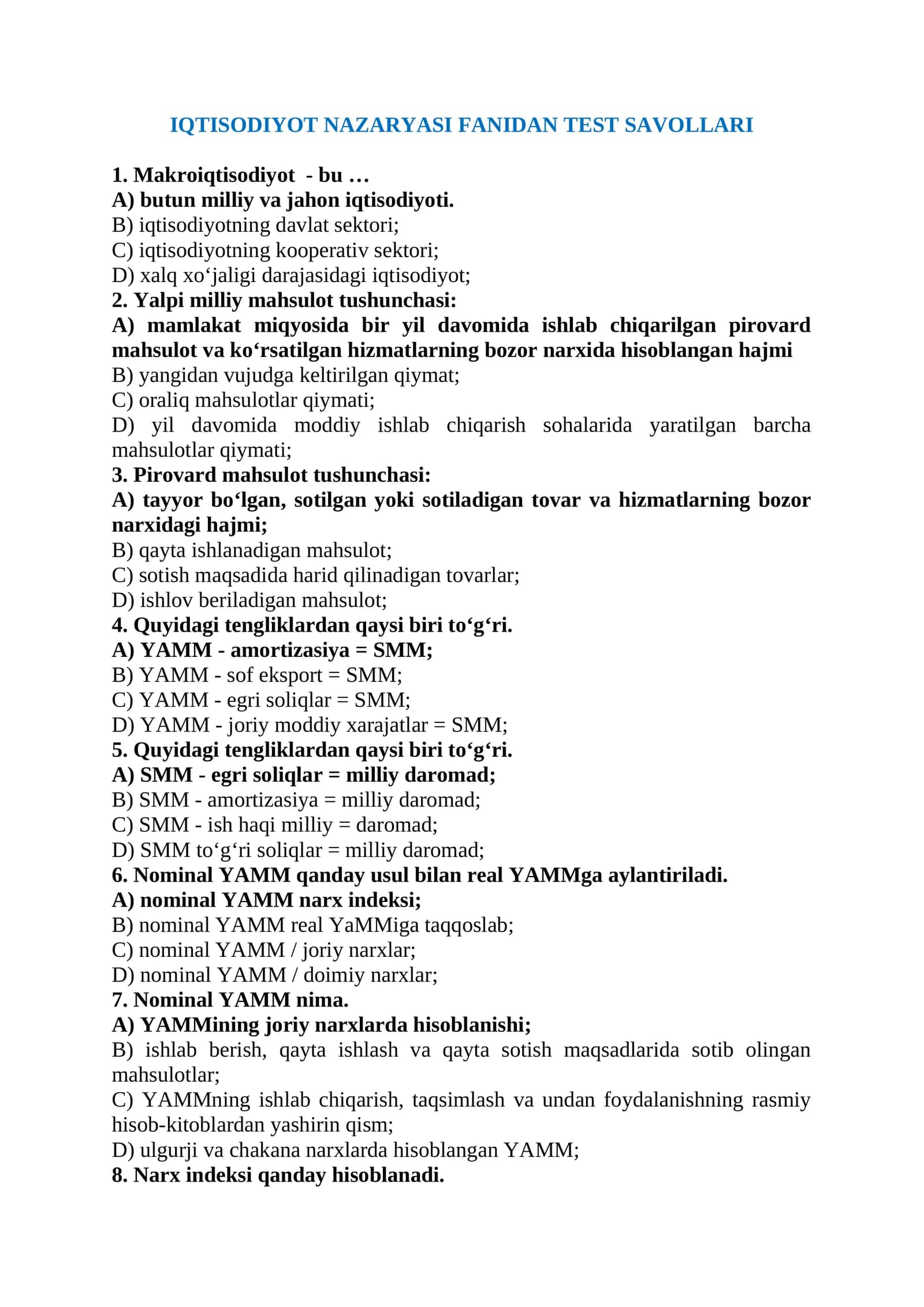 IQTISODIYOT NAZARYASI FANIDAN TEST SAVOLLARI 2026 YIL 1