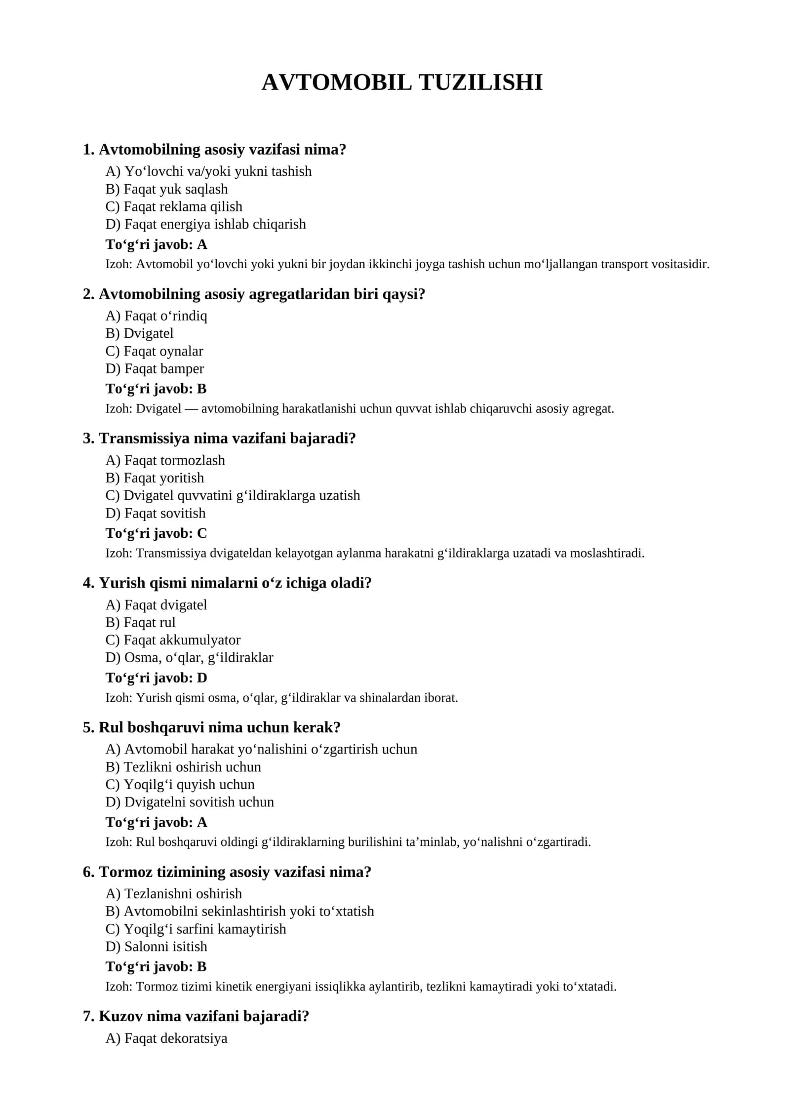 Avtomobil tuzilishi testlar (savollar va javoblar) 1