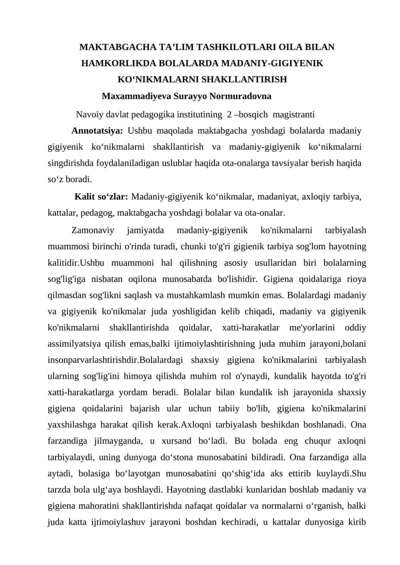 MAKTABGACHA TA’LIM TASHKILOTLARI OILA BILAN HAMKORLIKDA BOLALARDA MADANIY-GIGIYENIK KO‘NIKMALARNI SHAKLLANTIRISH 1