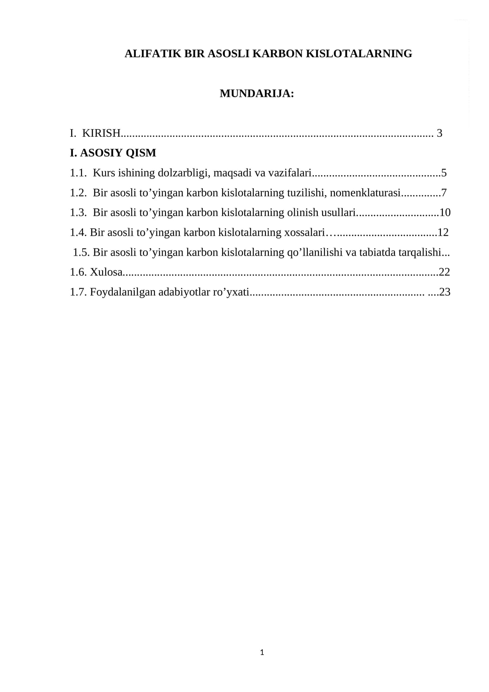 ALIFATIK BIR ASOSLI KARBON KISLOTALARNING 1