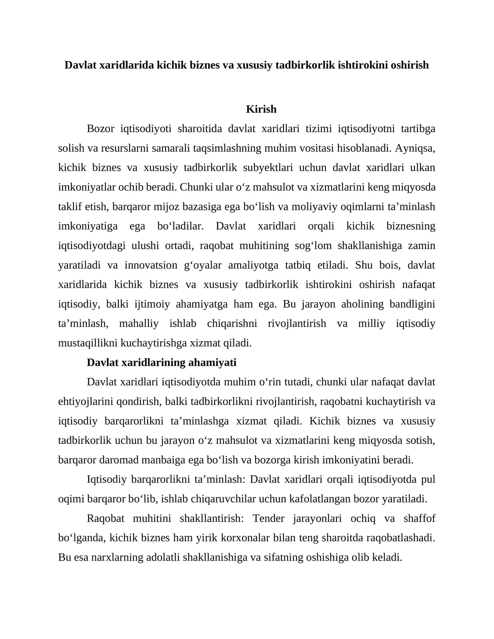 Davlat xaridlarida kichik biznes va xususiy tadbirkorlik ishtirokini oshirish 1