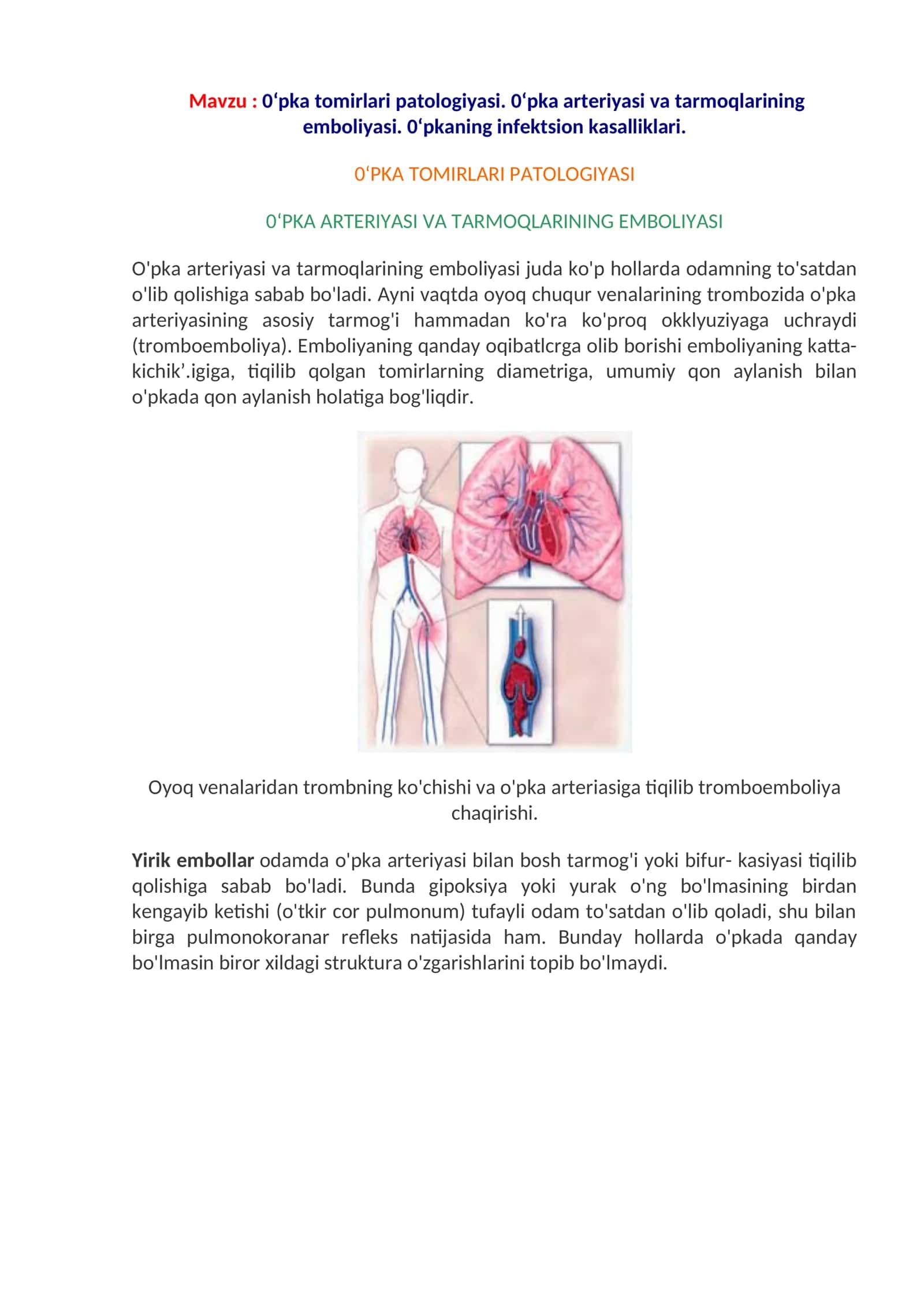 0‘pka tomirlari patologiyasi. 0‘pka arteriyasi va tarmoqlarining emboliyasi. 0‘pkaning infektsion kasalliklari 1