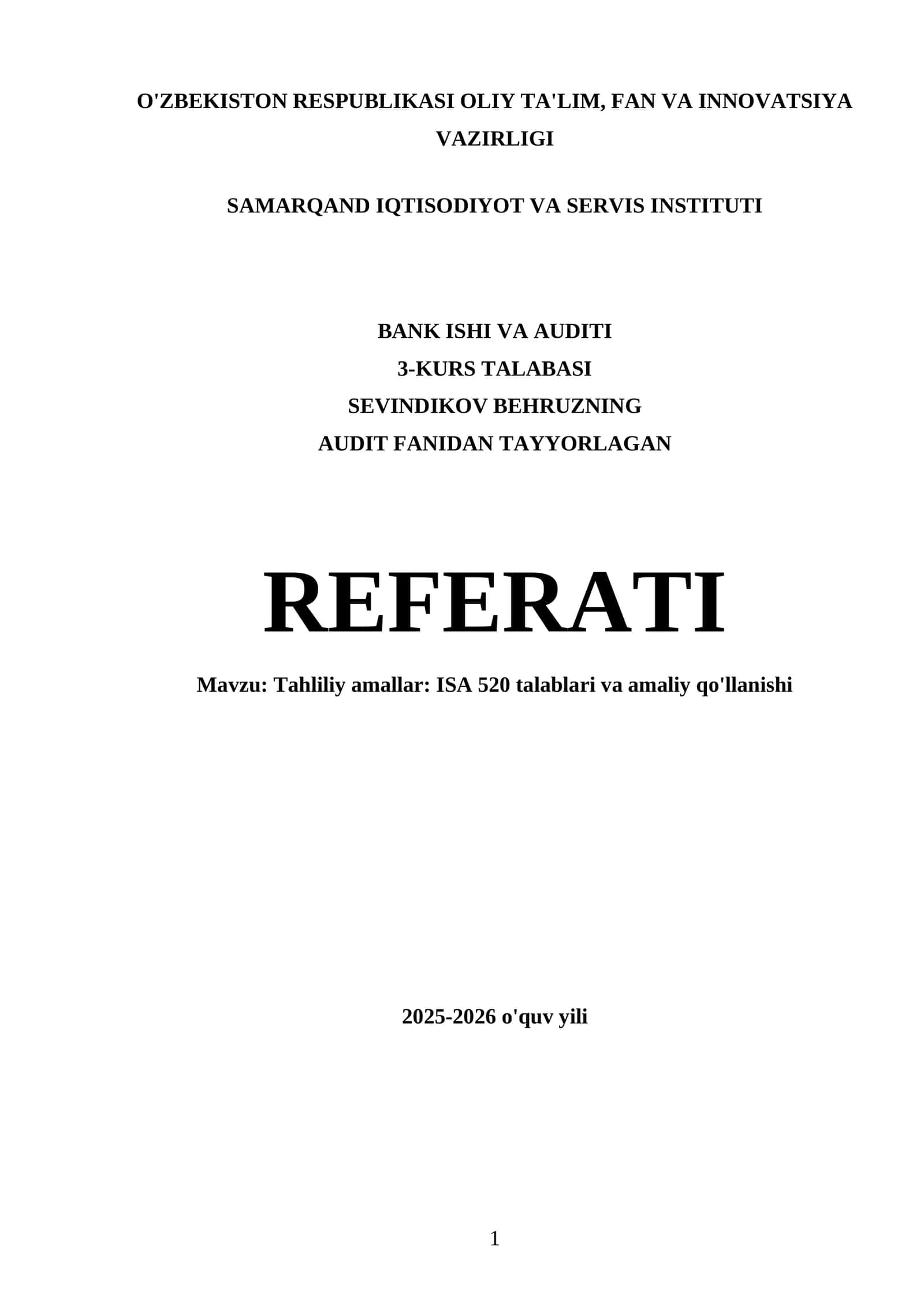 ISA 520 talablari va amaliy qo'llanishi REFERATI 1
