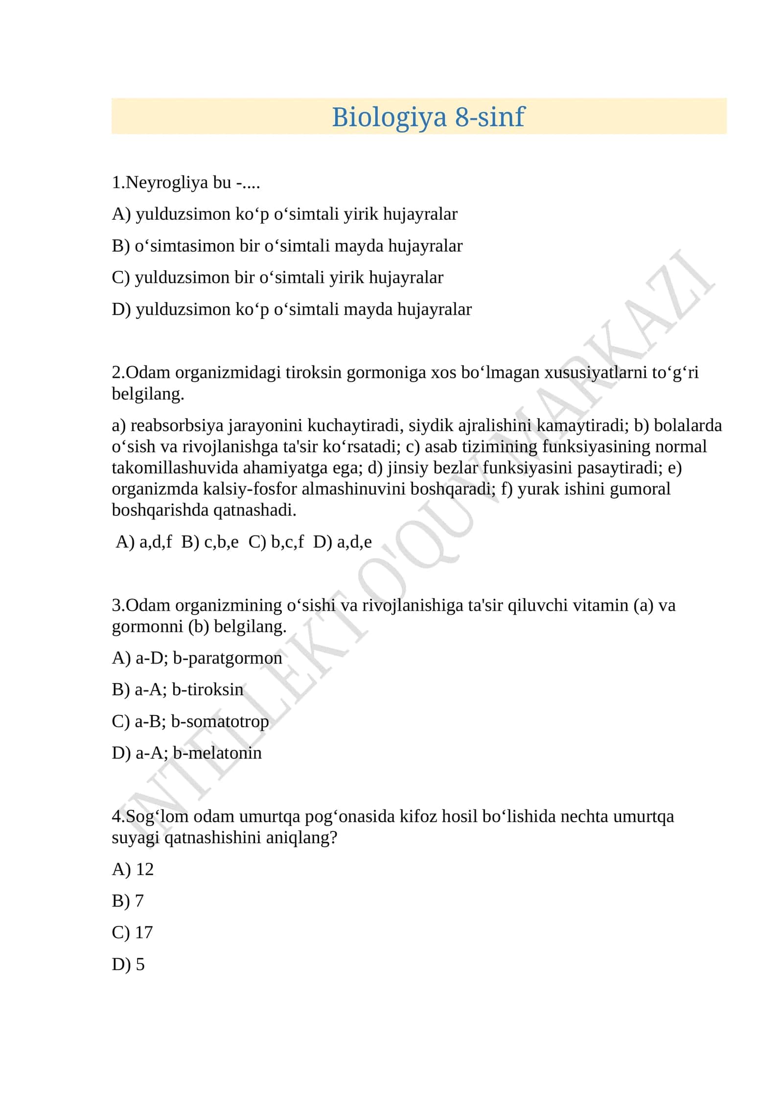 Biologiya 8-sinf umumiy. Milliy sertifikat darajasida 1