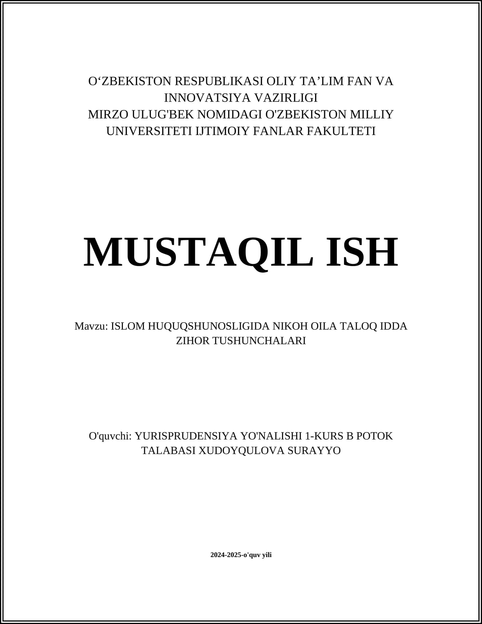ISLOM HUQUQSHUNOSLIGIDA NIKOH OILA TALOQ IDDA ZIHOR TUSHUNCHALARI 1
