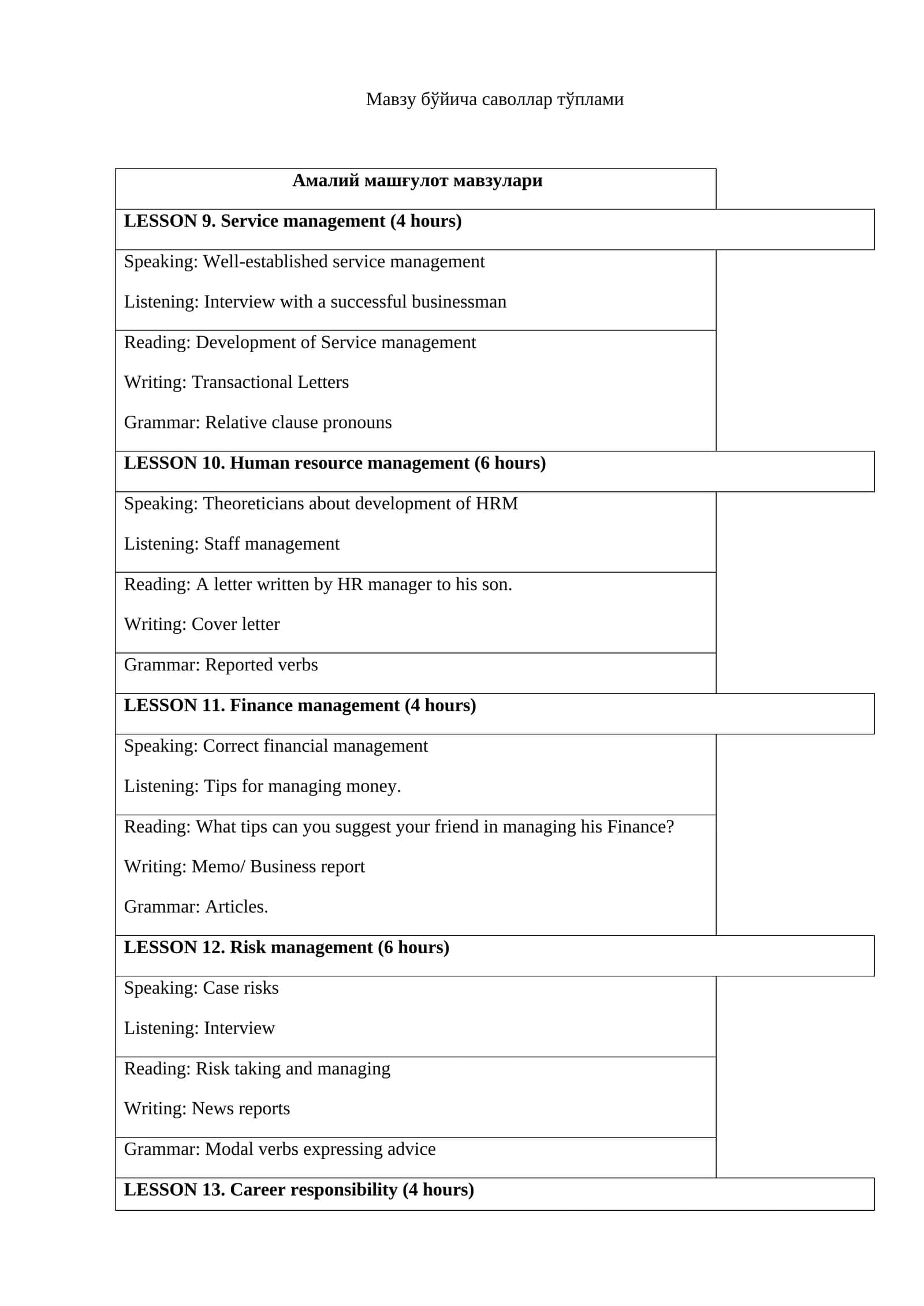 LESSON 9. Service management (4 hours) 1