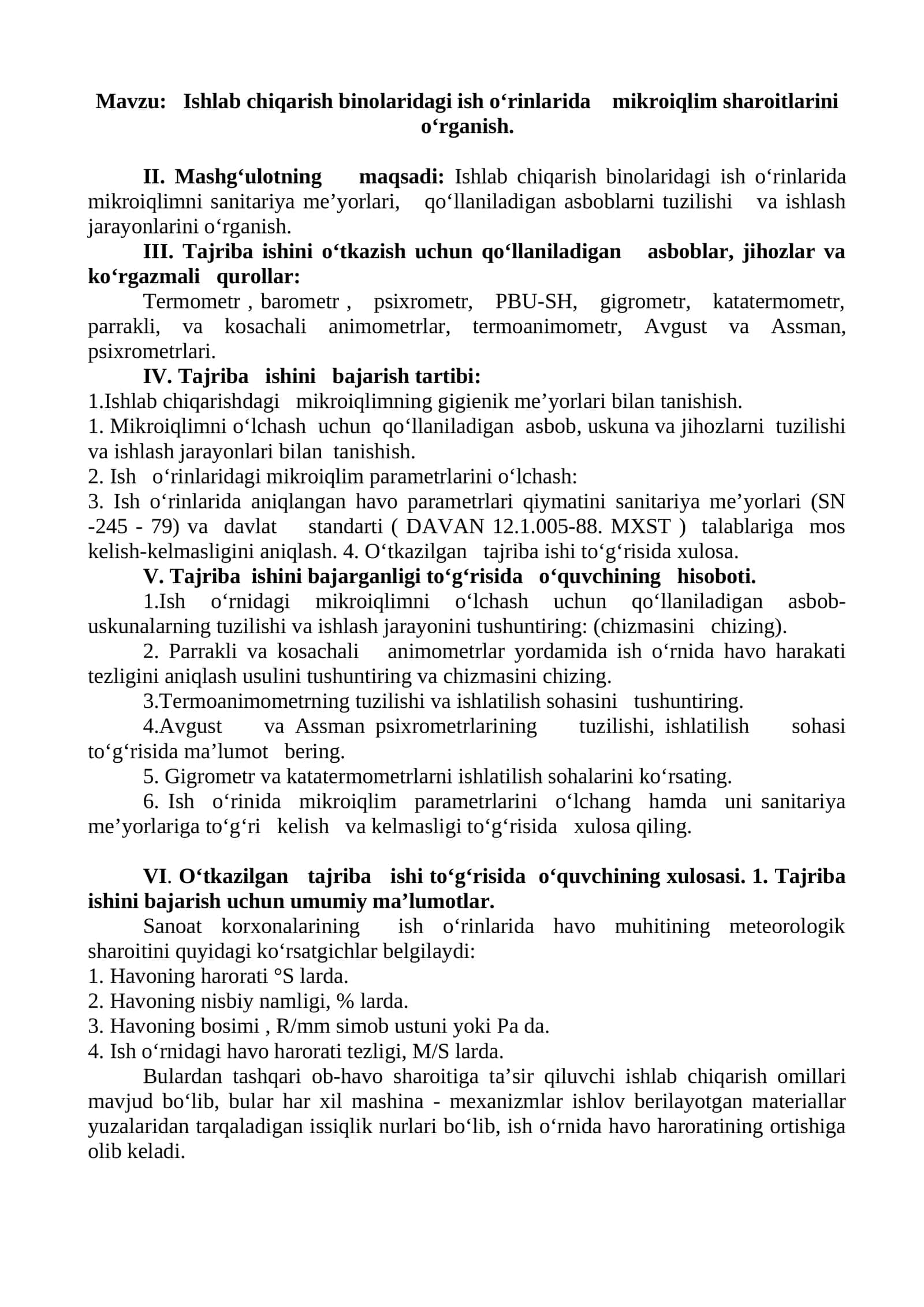 Ishlab chiqarish binolaridagi ish o‘rinlarida mikroiqlim sharoitlarini o‘rganish 1