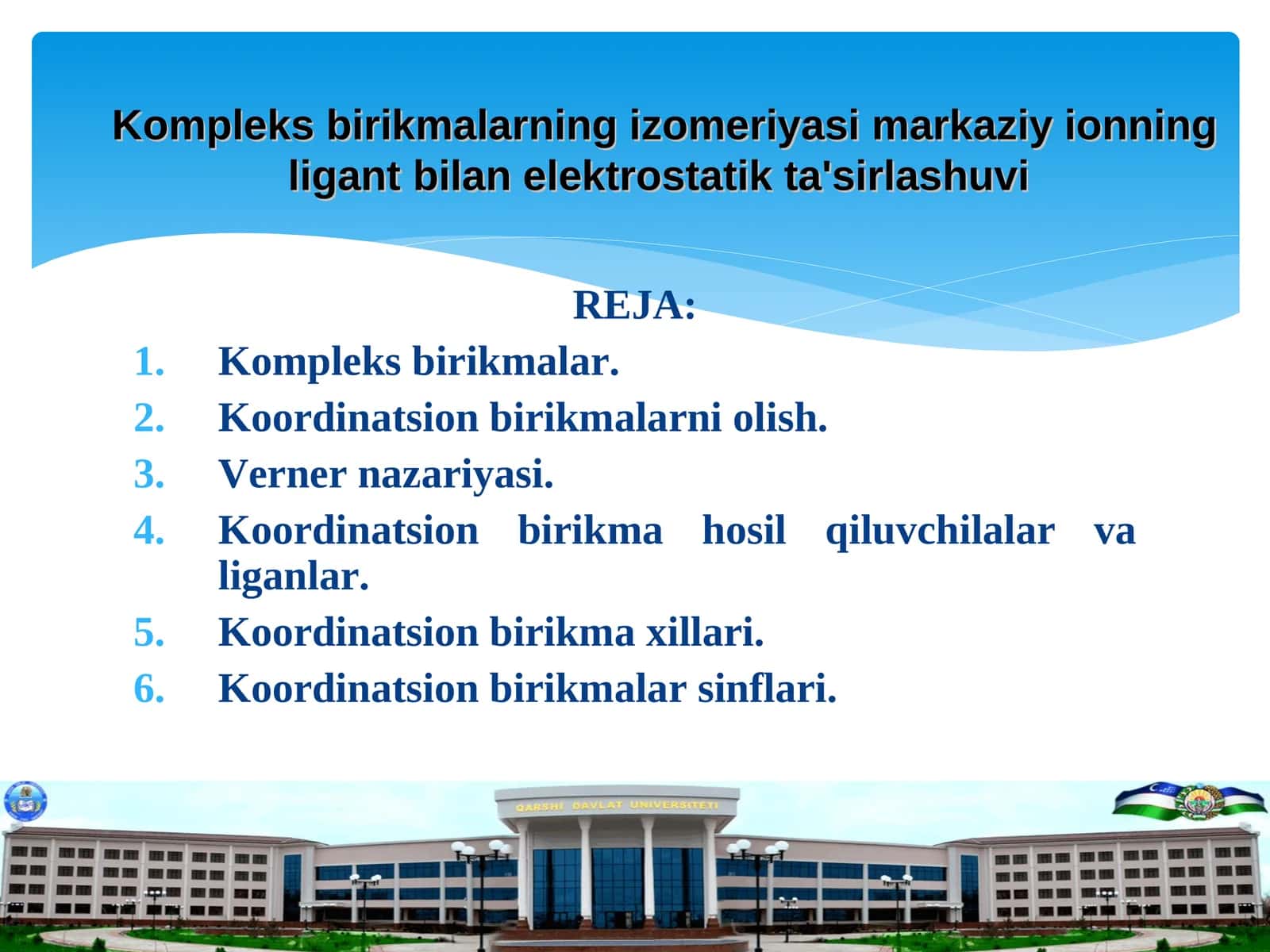Kompleks birikmalarning izomeriyasi markaziy ionning ligant bilan elektrostatik ta'sirlashuvi 1