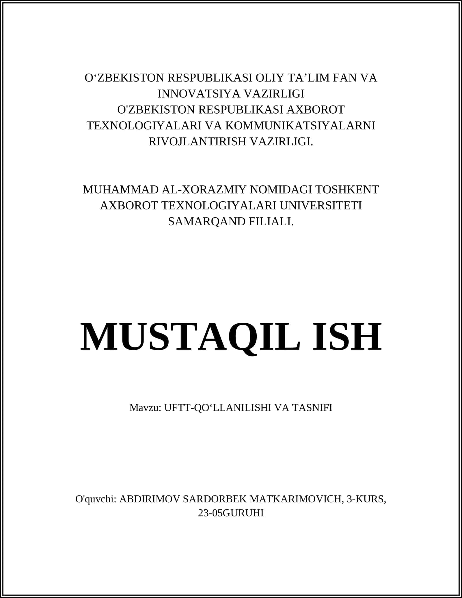 UFTT-QO‘LLANILISHI VA TASNIFI 1
