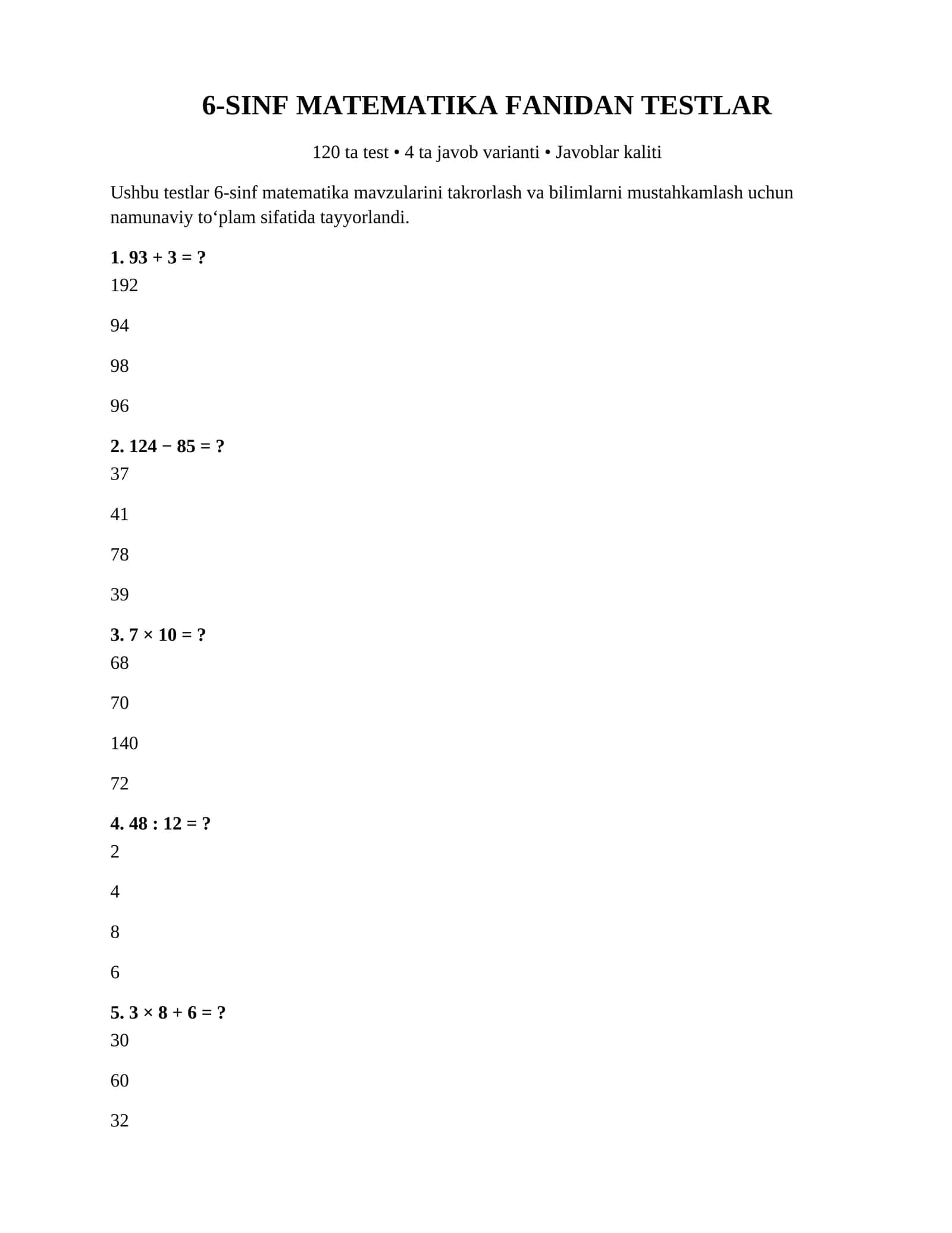 6-sinf matematika fanidan 120 ta test + javoblar 1