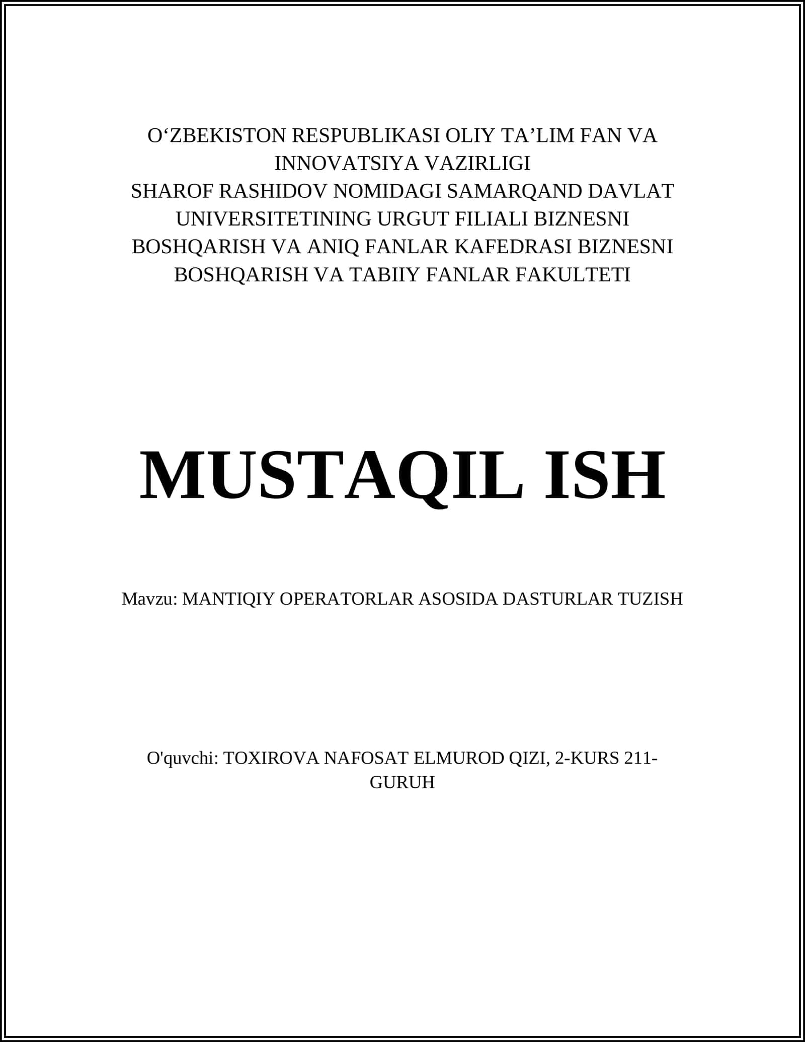 MANTIQIY OPERATORLAR ASOSIDA DASTURLAR TUZISH 1