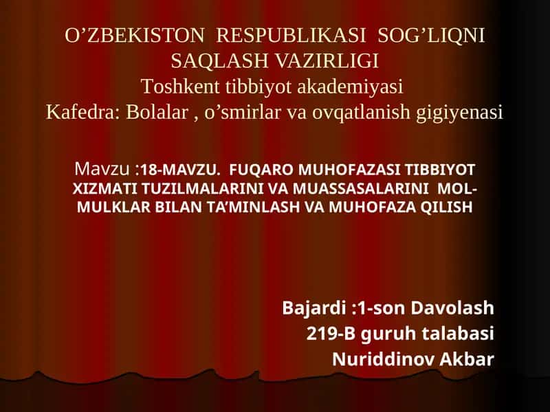 O’ZBЕKISTON RЕSPUBLIKASI SOG’LIQNI SAQLASH VAZIRLIGI: Toshkent tibbiyot akadеmiyasi 1