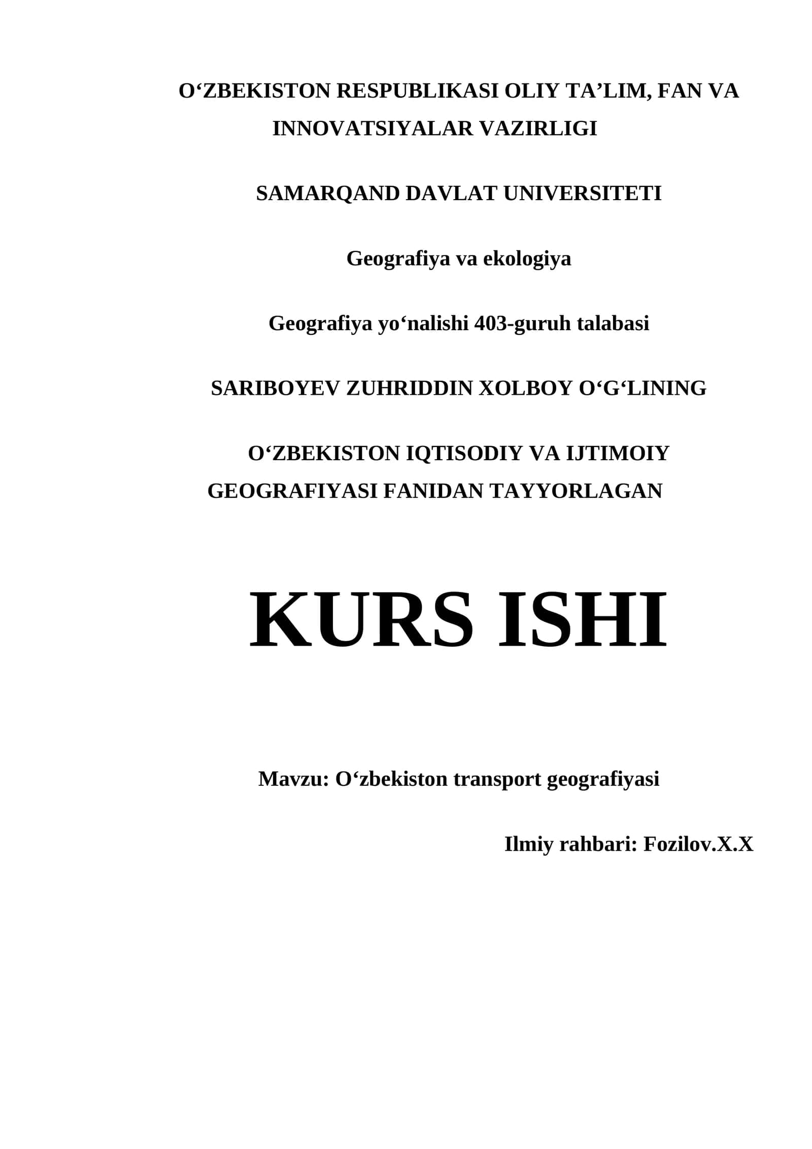 OʻZBEKISTON TRANSPORT GEOGRAFIYASI KURS ISHI 1