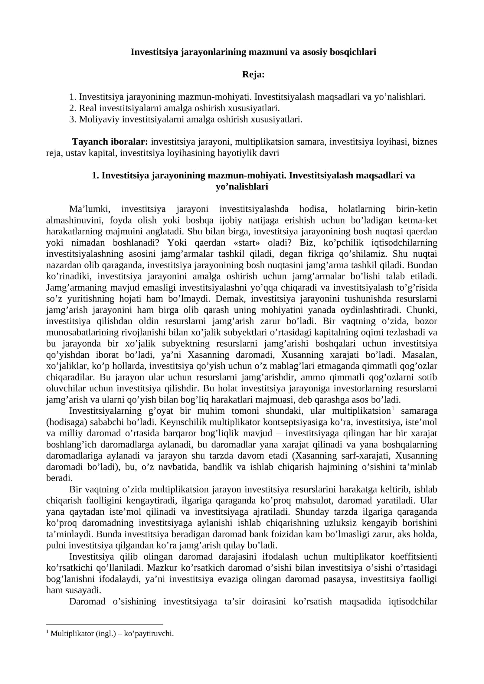 Investitsiya jarayonlarining mazmuni va asosiy bosqichlari 1