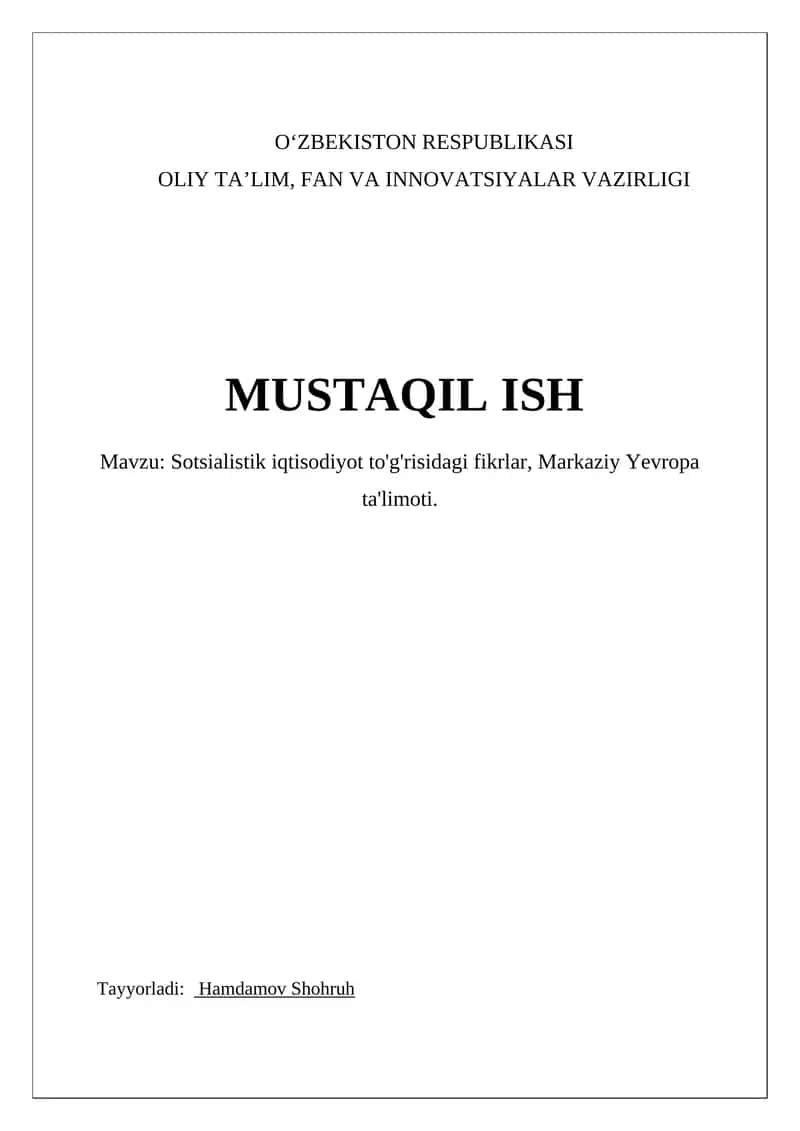 Sotsialistik iqtisodiyot to'g'risidagi fikrlar, Markaziy Yevropa ta'limoti 1