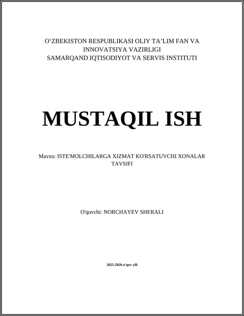ISTE'MOLCHILARGA XIZMAT KO'RSATUVCHI XONALAR TAVSIFI 1