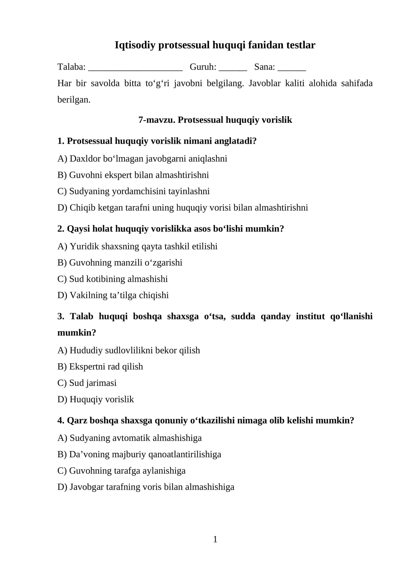Protsessual huquqiy vorislik TEST. 1