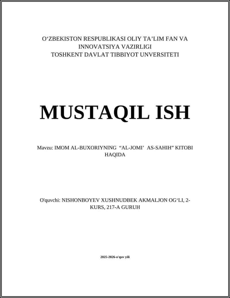 IMOM AL-BUXORIYNING “AL-JOMI’ AS-SAHIH” KITOBI HAQIDA 1