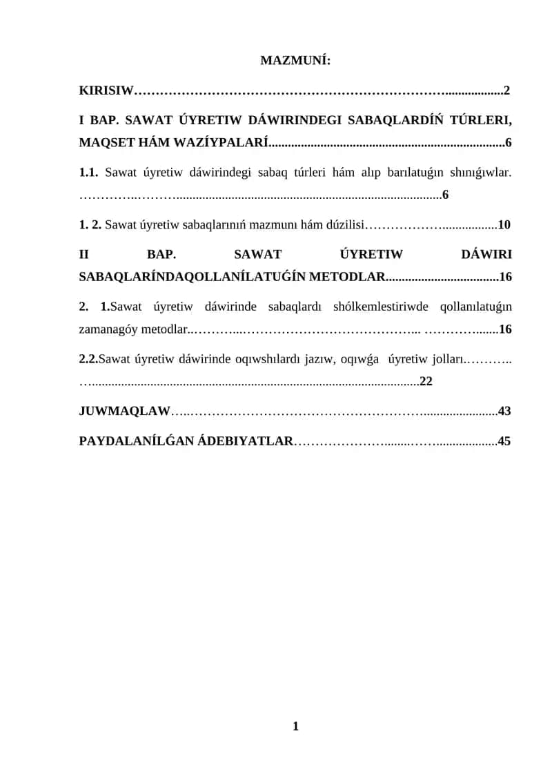 SAWAT ÚYRETIW DÁWIRINDE SABAQ TÚRLERI QARAQALPAQSHA KURS JUMISI 1