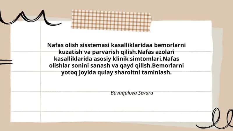 Nafas olish sisstemasi kasalliklaridaa bemorlarni kuzatish va parvarish qilish 1