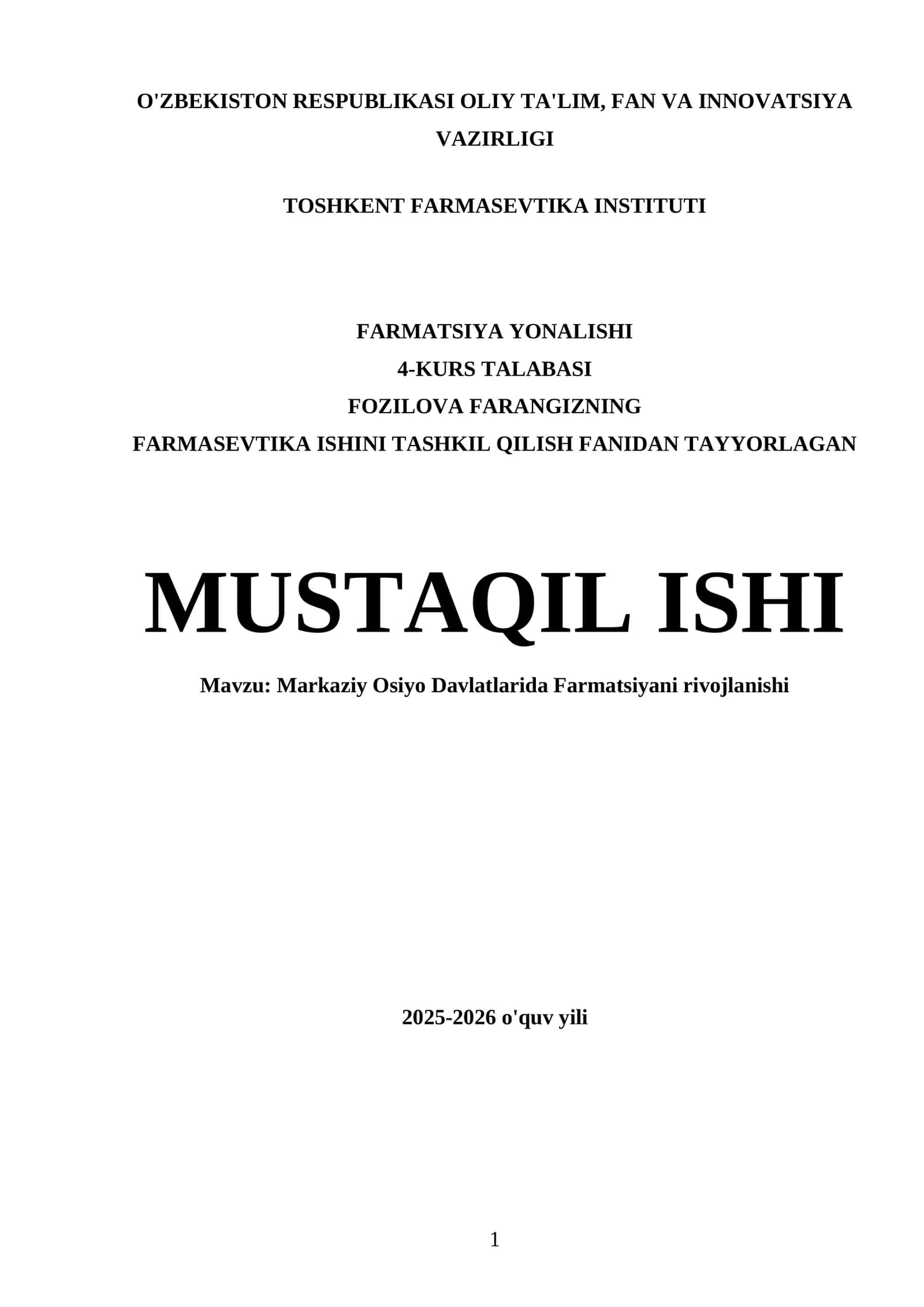 Farmatsevtika Ishini Tashkil Qilish Fanidan Tayyorlagan Mustaqil Ishi 1