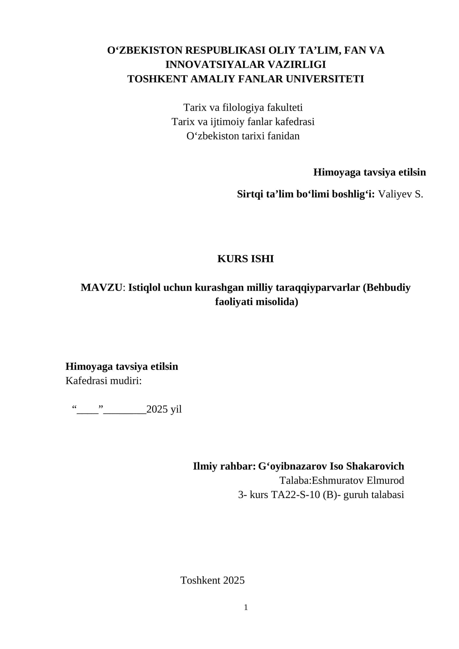 Istiqlol uchun kurashgan milliy taraqqiyparvarlar (Behbudiy faoliyati misolida) 1