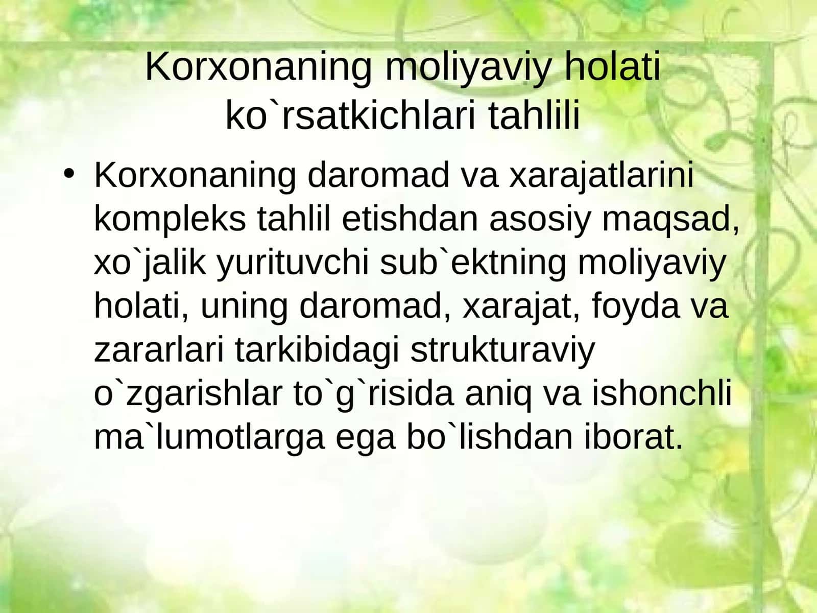 Korxonaning moliyaviy holati ko`rsatkichlari tahlili 1