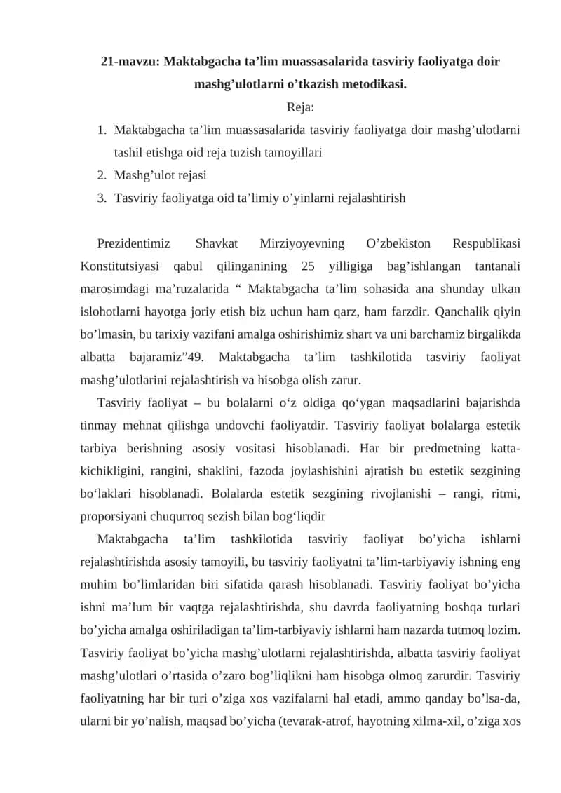 21-mavzu: Maktabgacha ta’lim muassasalarida tasviriy faoliyatga doir mashg’ulotlarni o’tkazish metodikasi 1
